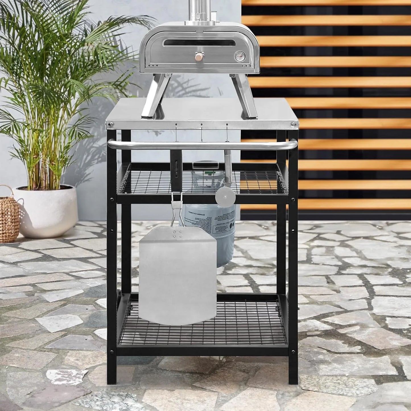 Stainless Steel Outdoor Grill Cart Pizza Oven Stand Trolley Table with Wheels Three-Shelf Movable Food Prep and Work Table Heavy Duty Grill Carts Outdoor Cart 31.5"×24"×35.5"