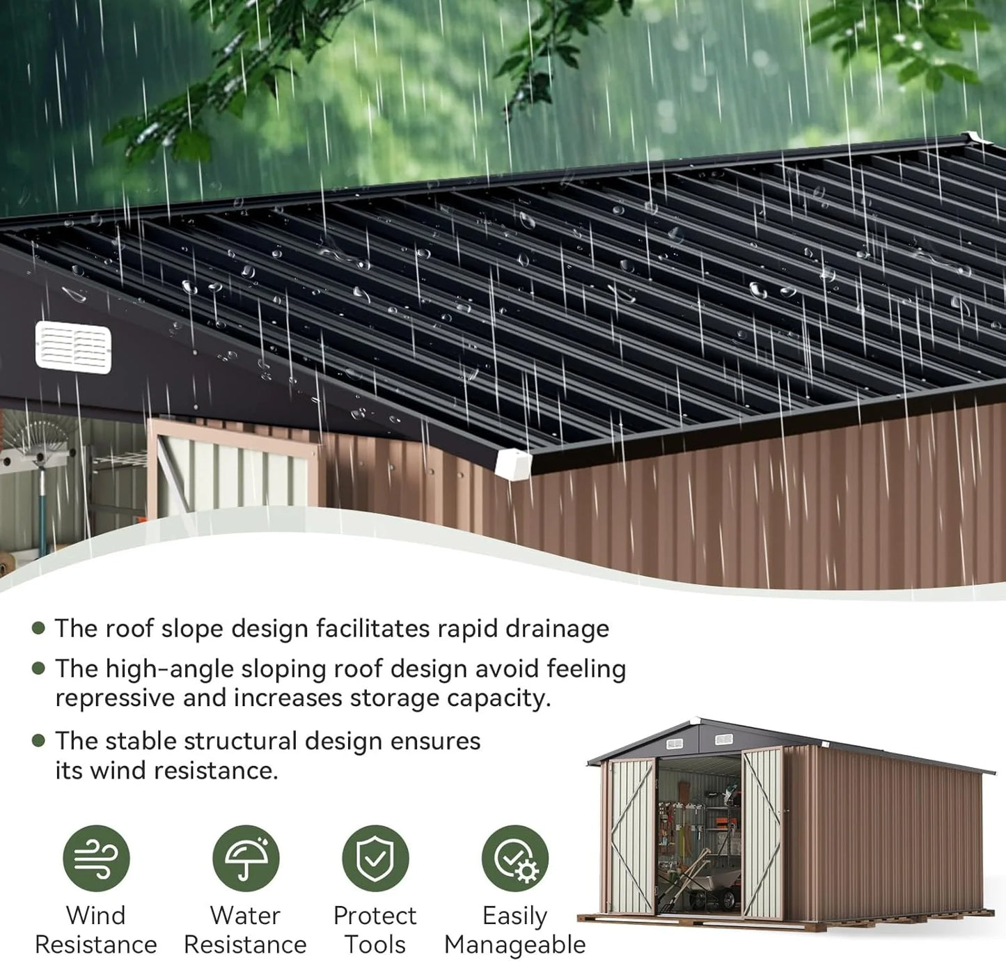 Aoxun 12x10 FT Shed Metal Outdoor Waterproof Storage Shed Steel Utility Garden Tool Shed with Door & Lock Outdoor Storage for Garden Patio Lawn Poolside, Brown