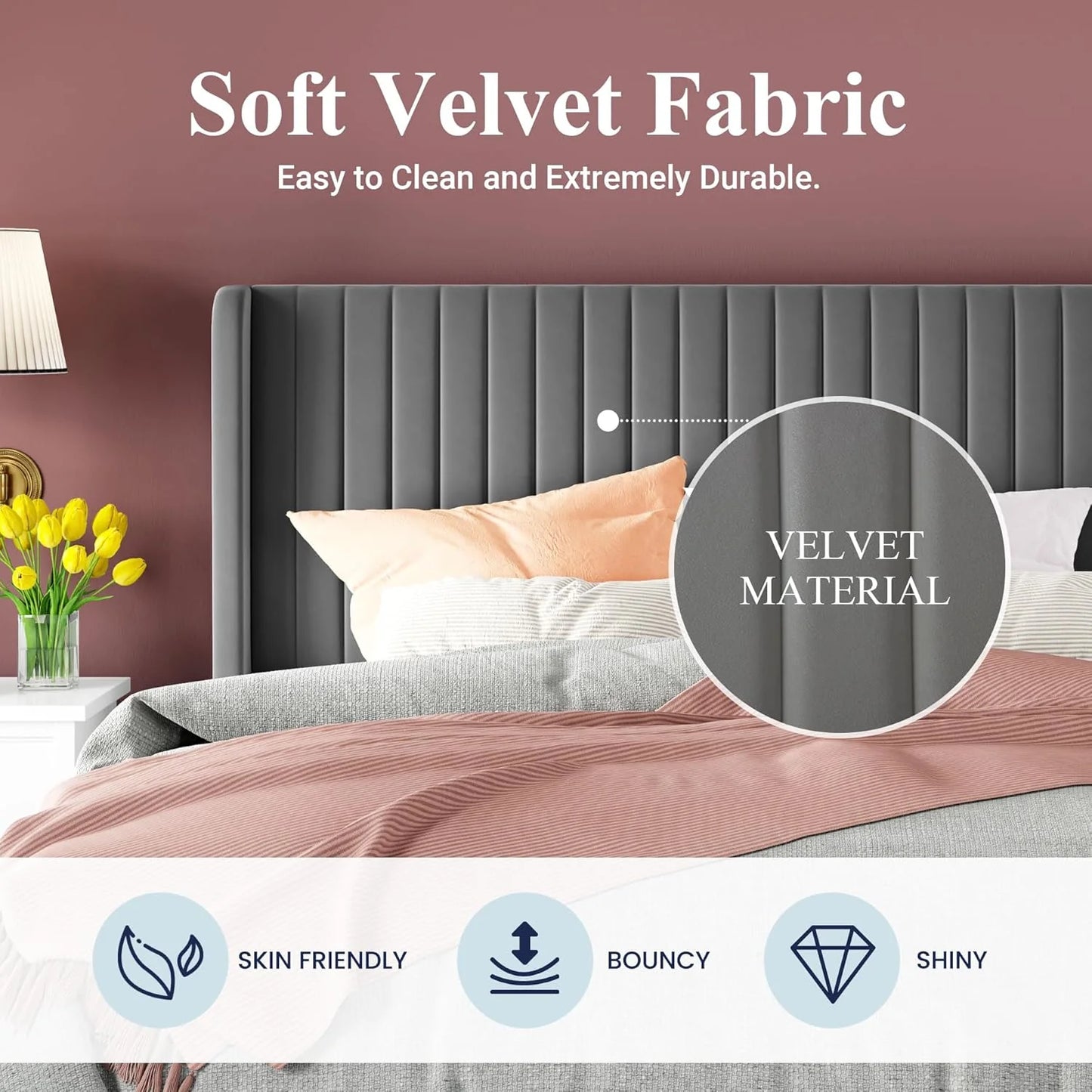 Allewie Full Size Velvet Bed Frame/Vertical Channel Tufted Wingback Headboard/Upholstered Platform Bed/Strong Wooden Slats/No Box Spring Needed/Easy Assembly/White