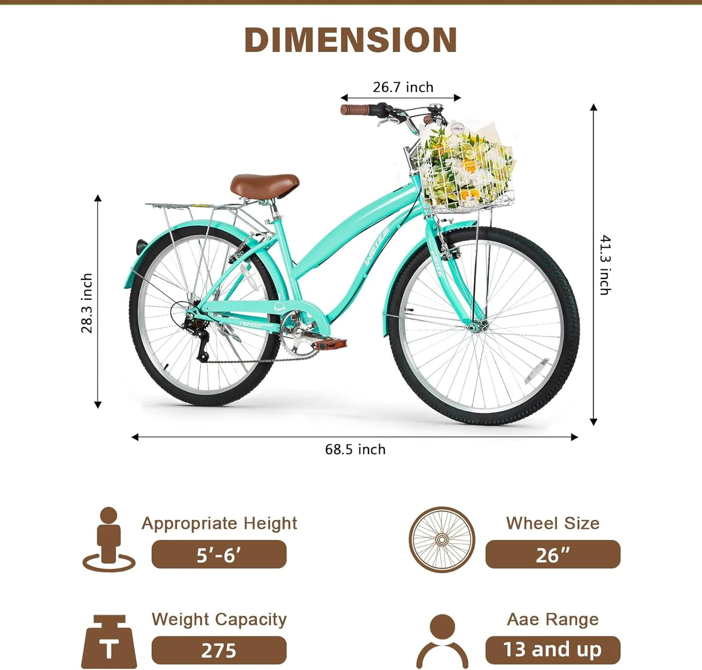 WEIZE Beach Cruiser Bike, 26 inch Commuter Bicycle for Adult Men and Women, 7-Speed/High-Carbon Steel/Front & Rear Fenders, Comfortable City Bikes with Rear Rack or Basket, Ergonomic Upright Design