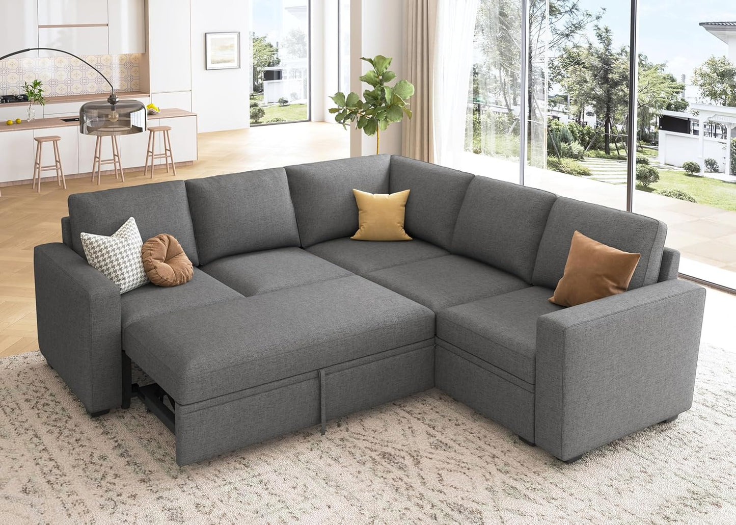 HONBAY Modular Sectional Sleeper Sofa with Pull Out Bed, L Shaped Couch with Storage Seat, Convertible Sectional Couches for Living Room