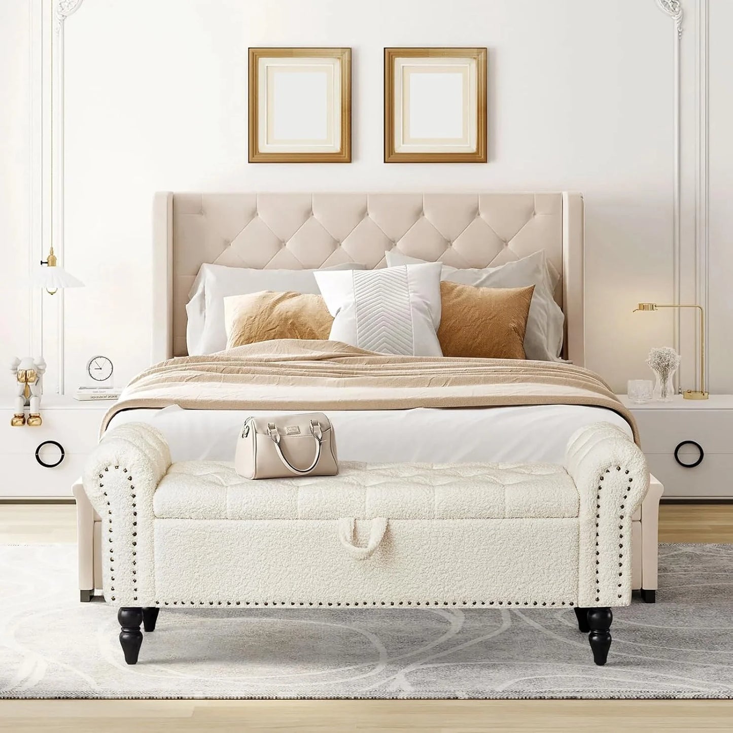 Furniliving Modern Storage Ottoman Bench, Sherpa Ottoman End of Bed Bench with Solid Wood Legs Upholstered Ottoman Benches with Storage Indoor Bench