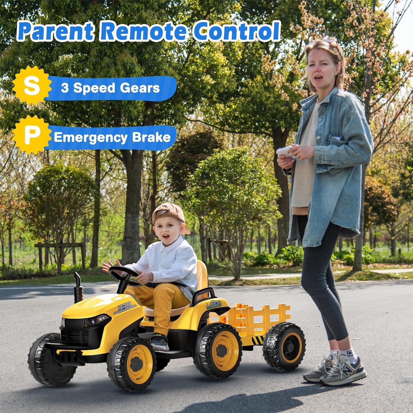 24V Ride On Tractor w/Tiltable & Detachable Trailer, 2x65W Motors, EVA Tires, Remote Control, Bluetooth, Shifter, Music, Electric Car for Kids, Green