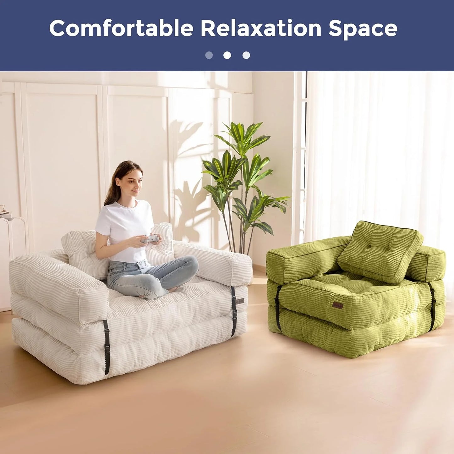 Folding Sofa Bed, L-Shaped Convertible Sofa Bed with Armrests and Pillows,