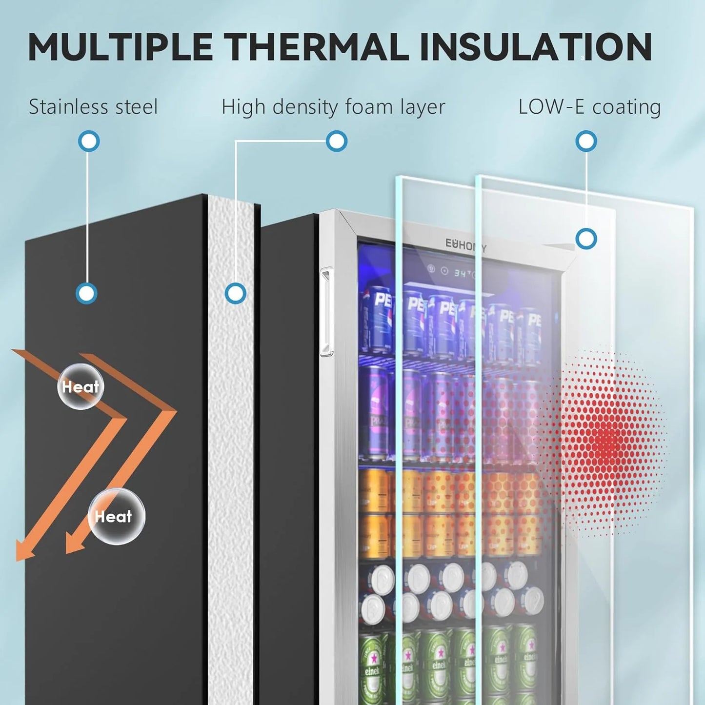 EUHOMY Beverage Refrigerator Cooler, 130 Can Mini Fridge with Glass Door for Soda Beer or Wine, Beverage Cooler for Home, Office, Bar with Adjustable Removable Shelves, Silver