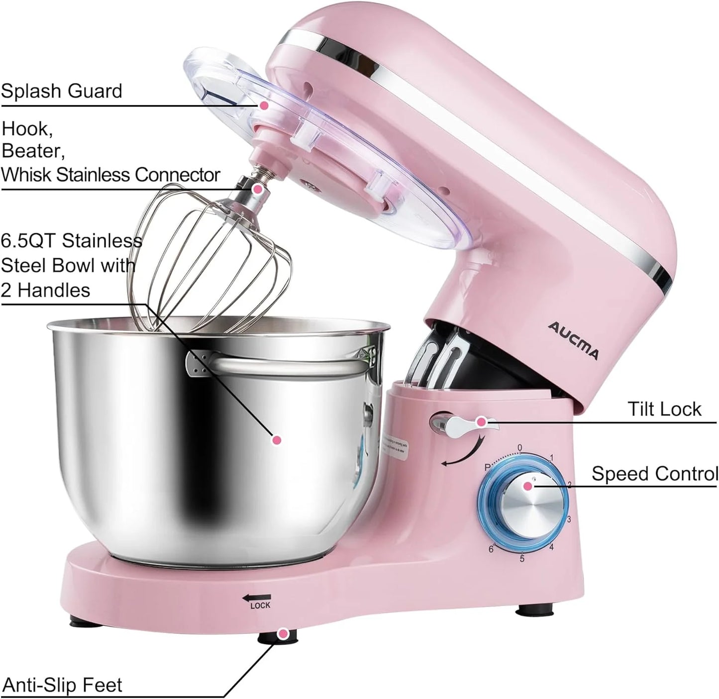Aucma Stand Mixer,6.5-QT 660W 6-Speed Tilt-Head Food Mixer, Kitchen Electric Mixer with Dough Hook