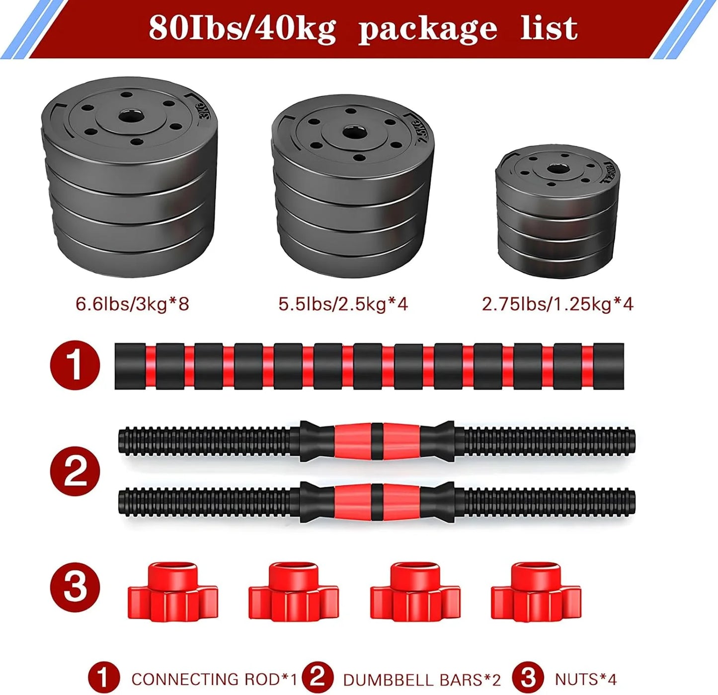 Adjustable dumbbell set, free weight dumbbell pair convertible into barbell