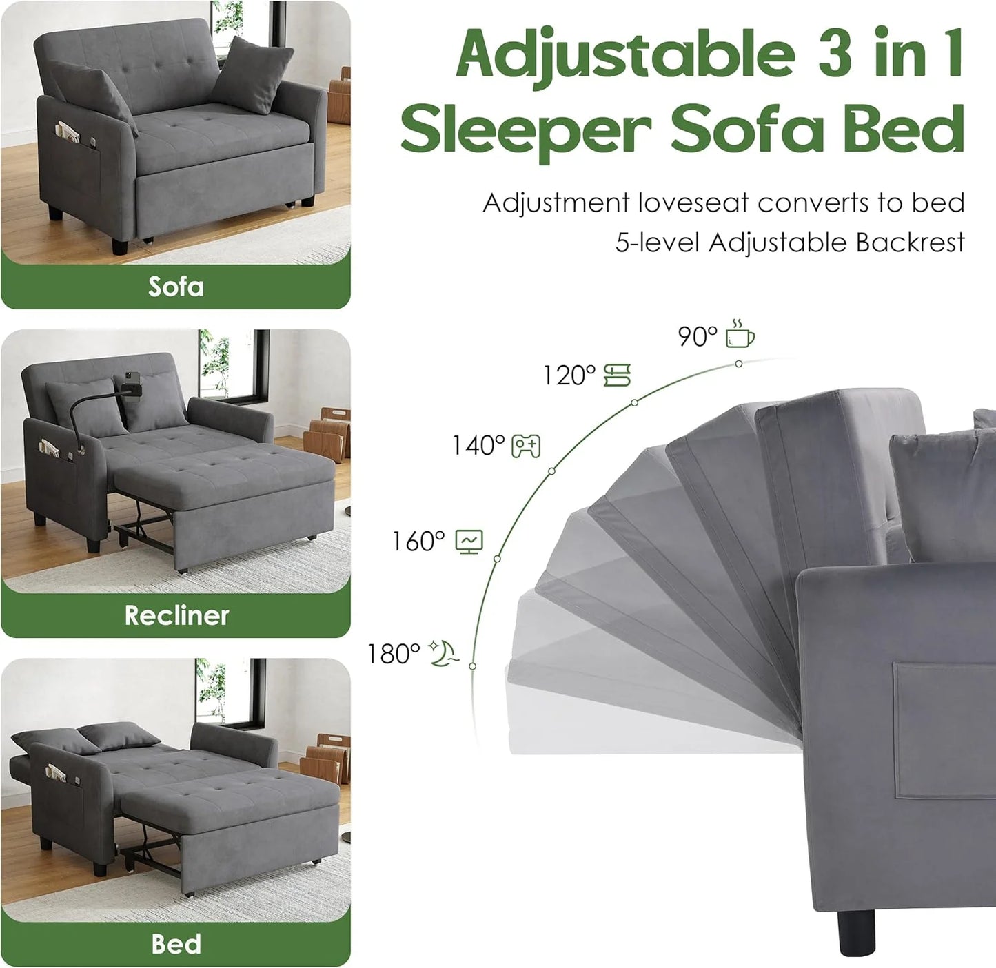 Sleeper Sofa Bed, 3 in 1 Convertible Sleeper Couch Bed Pull Out, Small Loveseat Sofa, Futon Sofa Bed Full Size, 46" Velvet Love Seat