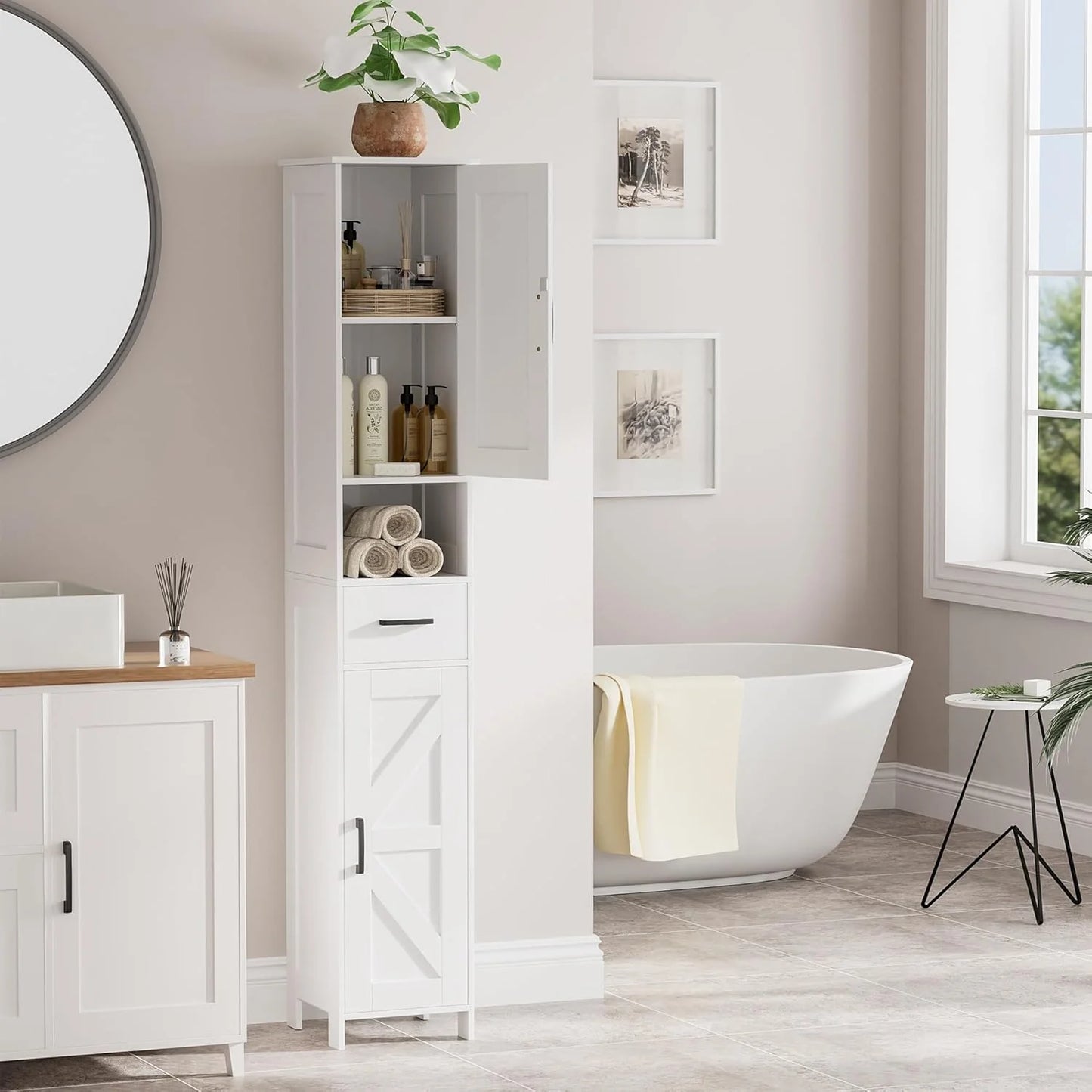 Homhedy 67" H Tall Bathroom Storage Cabinet with 2 Barn Doors and 1 Drawer, Narrow Storage Unit, Adjustable Shelves, Floor Cabinet for Bathroom, Living Room, Entryway, Kitchen, White, (15.7" W)