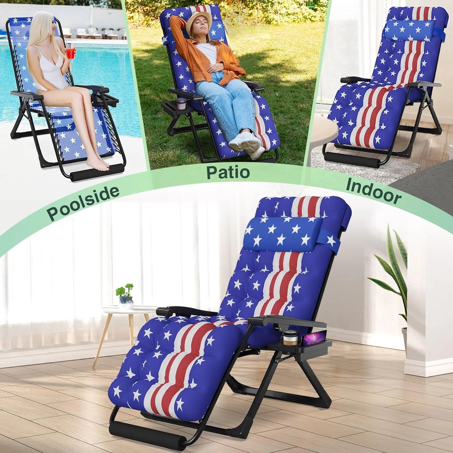 Indoor and outdoor patio chair folding lounge chair zero gravity chair with removable cushion camping lounge chair