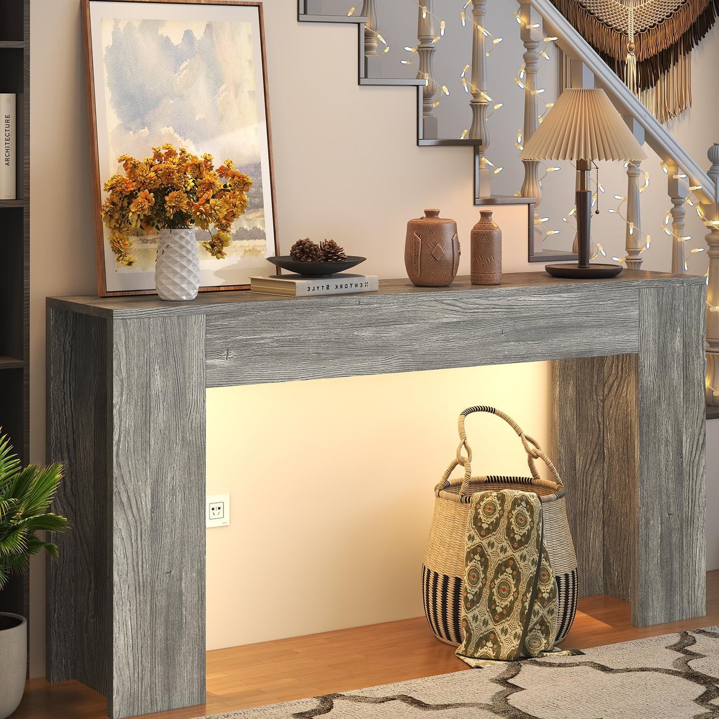 63-Inch Long Console Table with LED Light Farmhouse Sofa Table Behind Couch