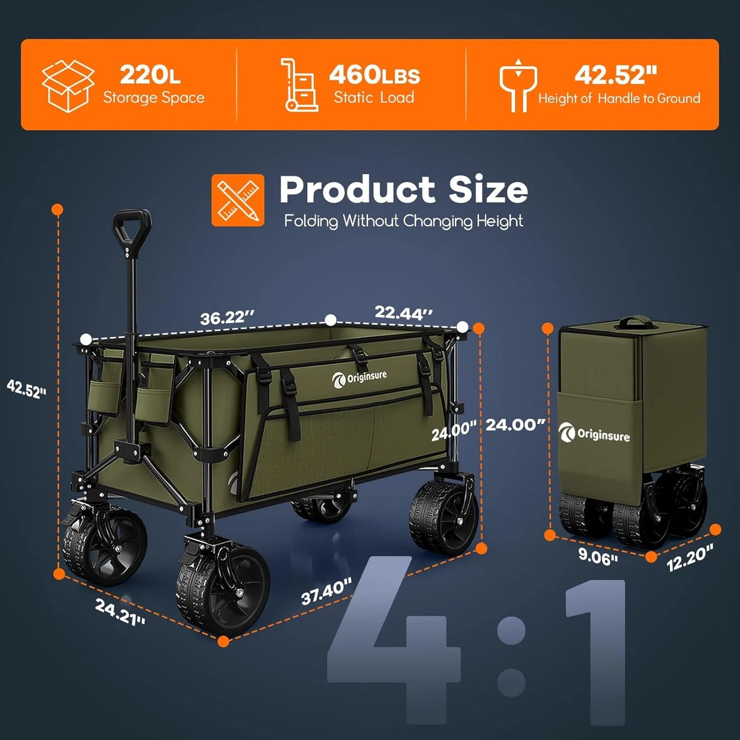 38" long foldable four-wheel stroller, foldable, 460 lb capacity, 220 liter heavy-duty folding beach stroller with large all-terrain tires