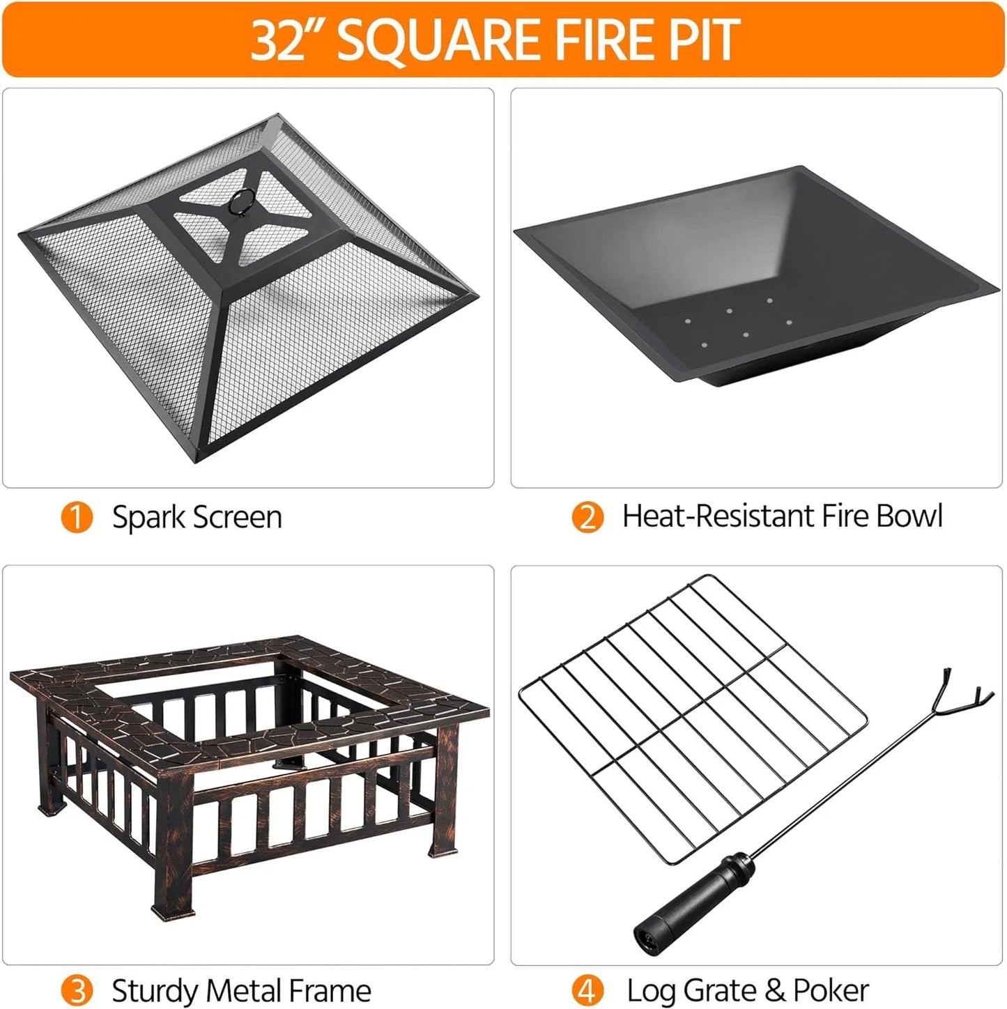 Yaheetech Multifunctional Fire Pit Table 32in Square Metal Firepit Stove Backyard Patio Garden Fireplace for Camping, Outdoor Heating, Bonfire and Picnic