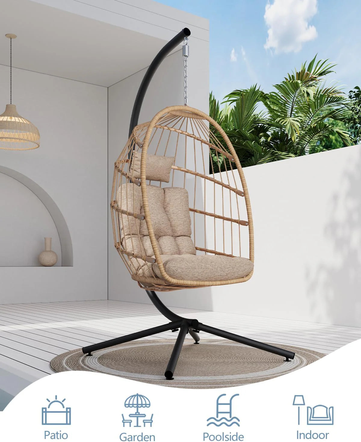 SWITTE Egg Chair Outdoor with Stand, Indoor Wicker Hanging Egg Swing Chair with Cushion, 350lbs Capacity for Patio, Bedroom