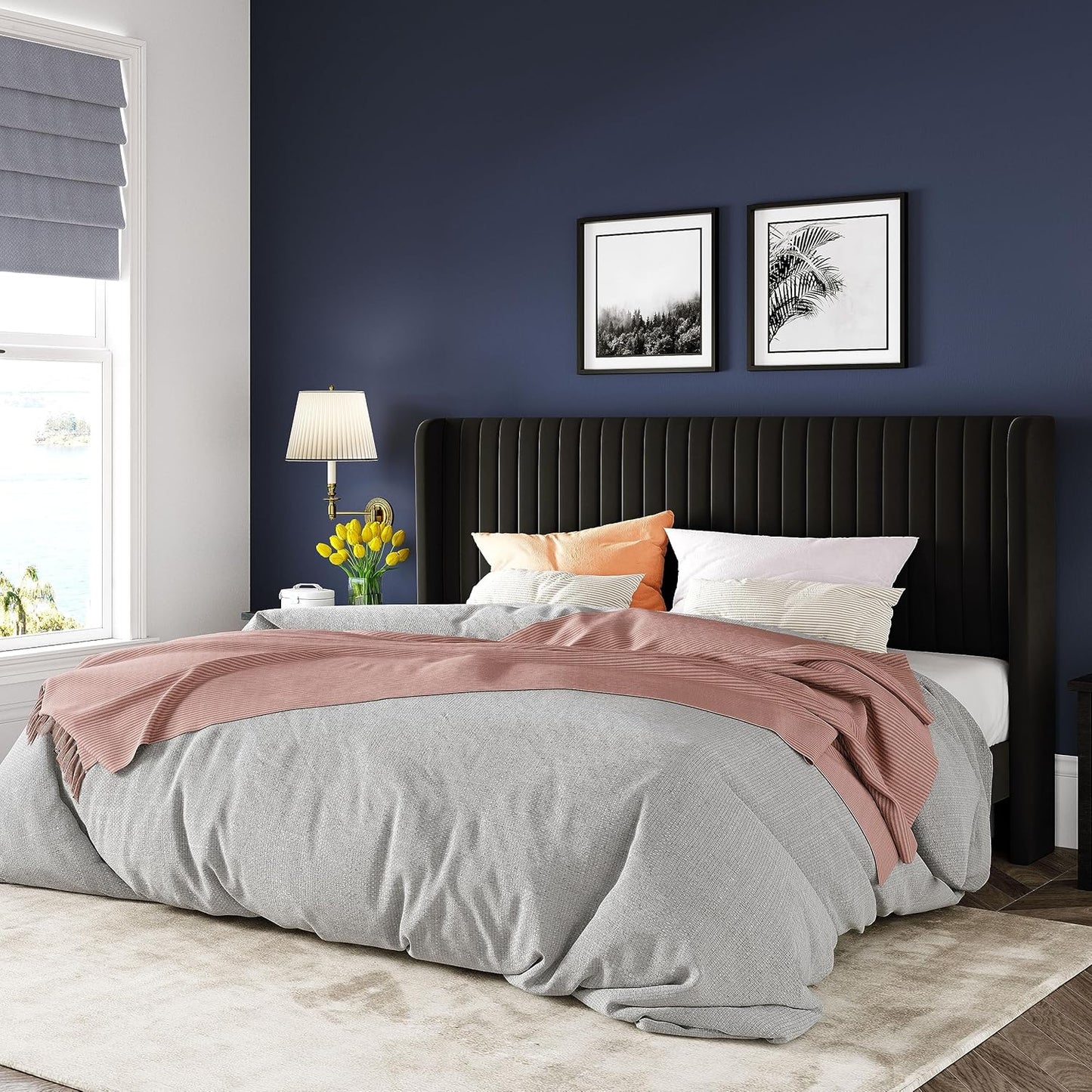 Allewie Full Size Velvet Bed Frame/Vertical Channel Tufted Wingback Headboard/Upholstered Platform Bed/Strong Wooden Slats/No Box Spring Needed/Easy Assembly/White