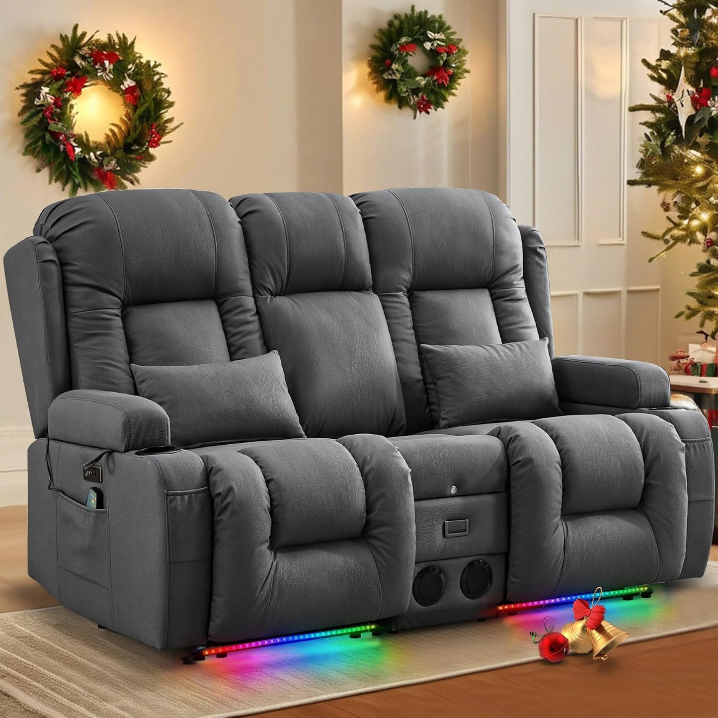 TUNYI Power Loveseat Recliner Sofa with Massage & Heat Home Theater Seating with Console Electric Recliner RV Sofa with USB/Outlet/Storage/Side Pocket/LED Light/Speaker (Brown, Loveseat)
