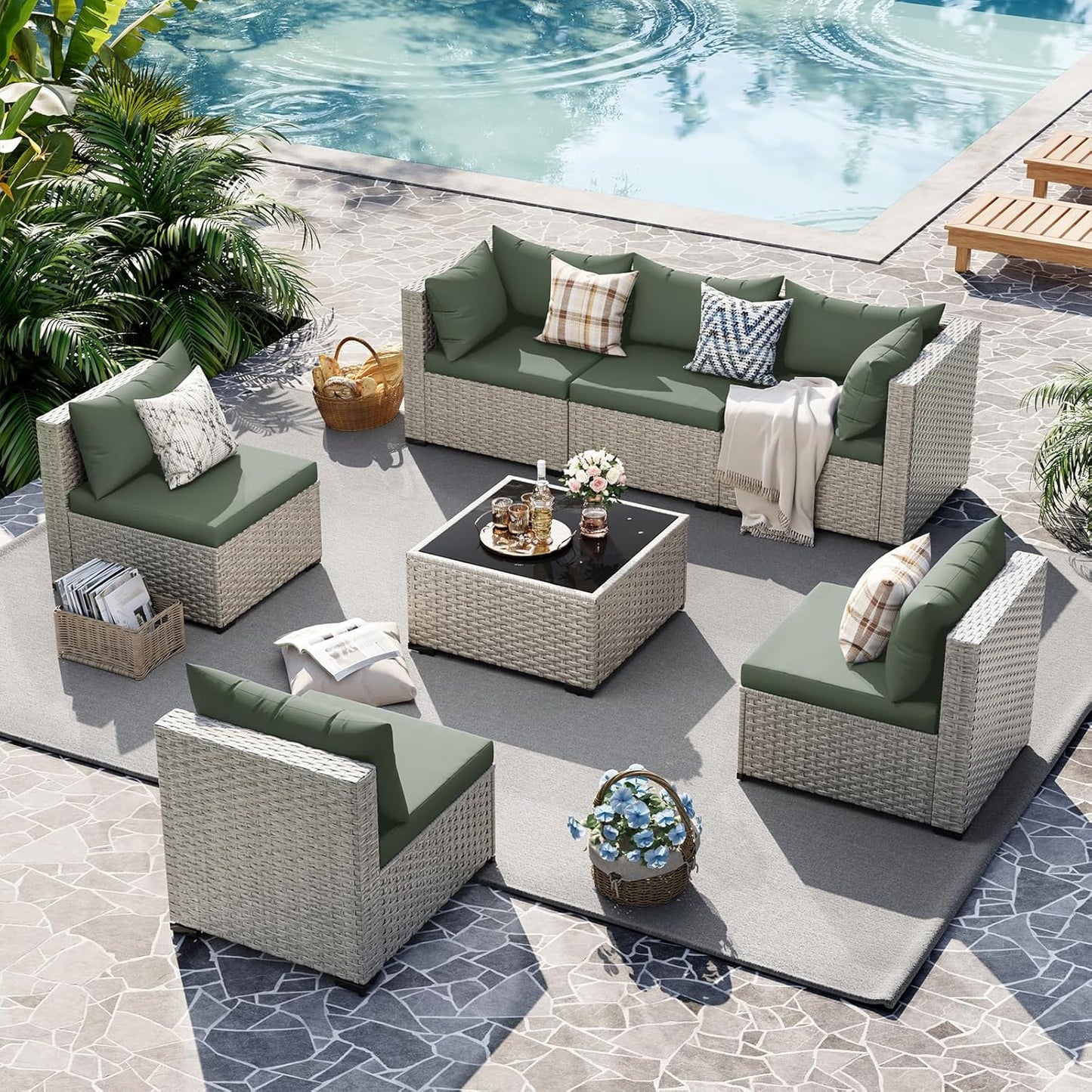 UDPATIO Outdoor Patio Furniture Set, 7-Piece PE Wicker Sectional Sofa with Tea Table, Outdoor Conversation Set