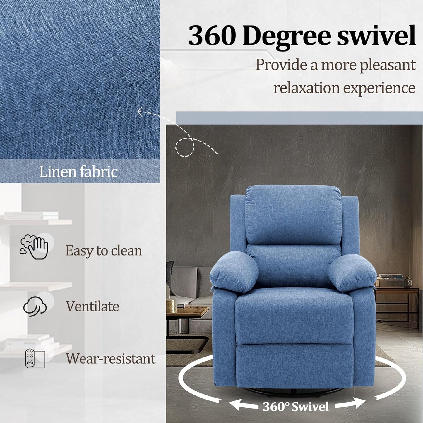 Reclining rocking chair 360 degree rotating fabric sliding reclining chair