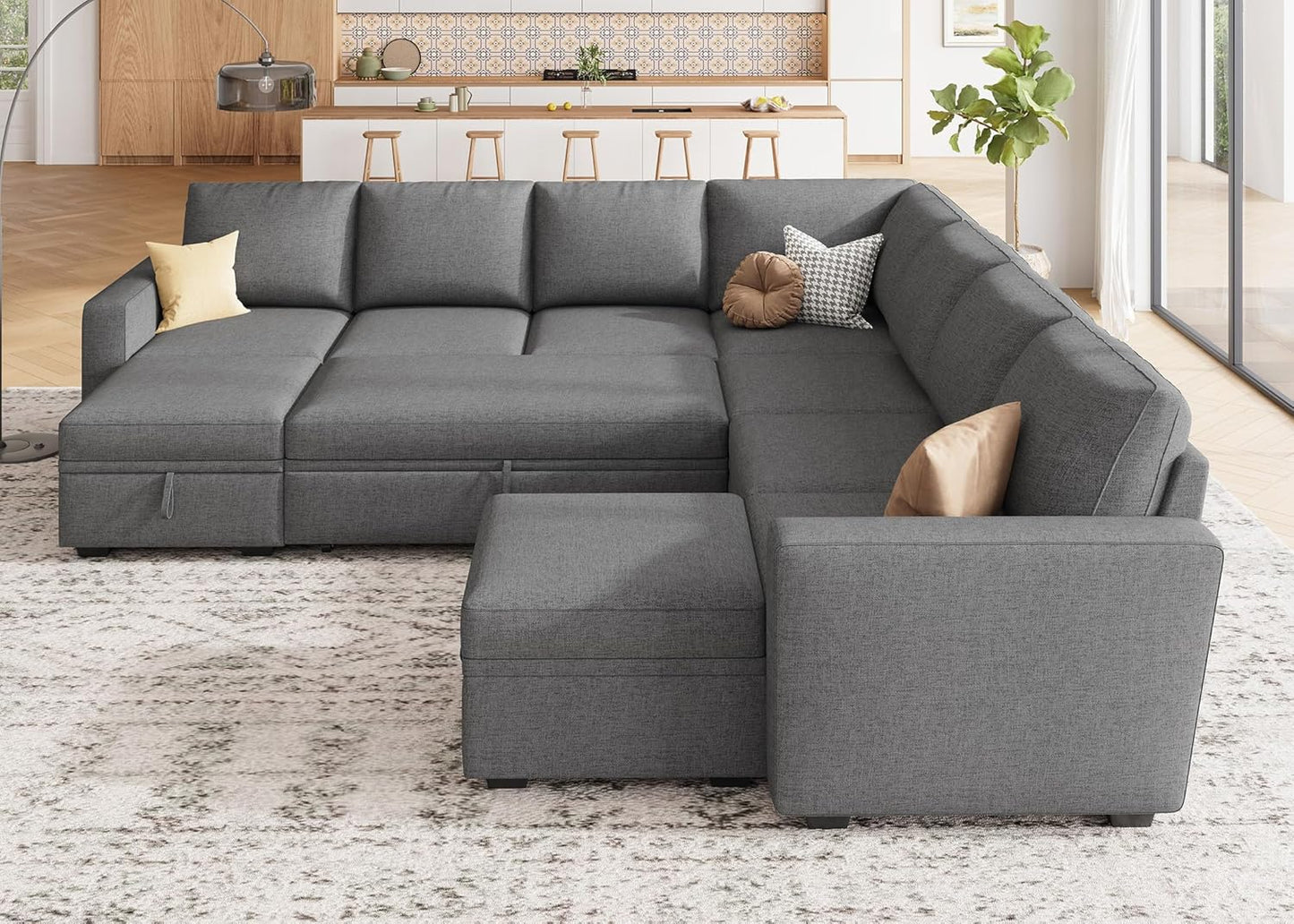 HONBAY Modular Sectional Sleeper Sofa with Pull Out Bed, L Shaped Couch with Storage Seat, Convertible Sectional Couches for Living Room