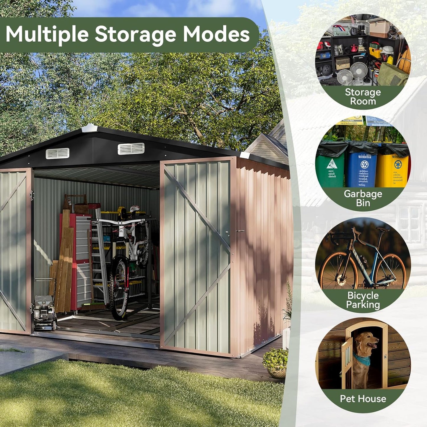 Aoxun 12x10 FT Shed Metal Outdoor Waterproof Storage Shed Steel Utility Garden Tool Shed with Door & Lock Outdoor Storage for Garden Patio Lawn Poolside, Brown