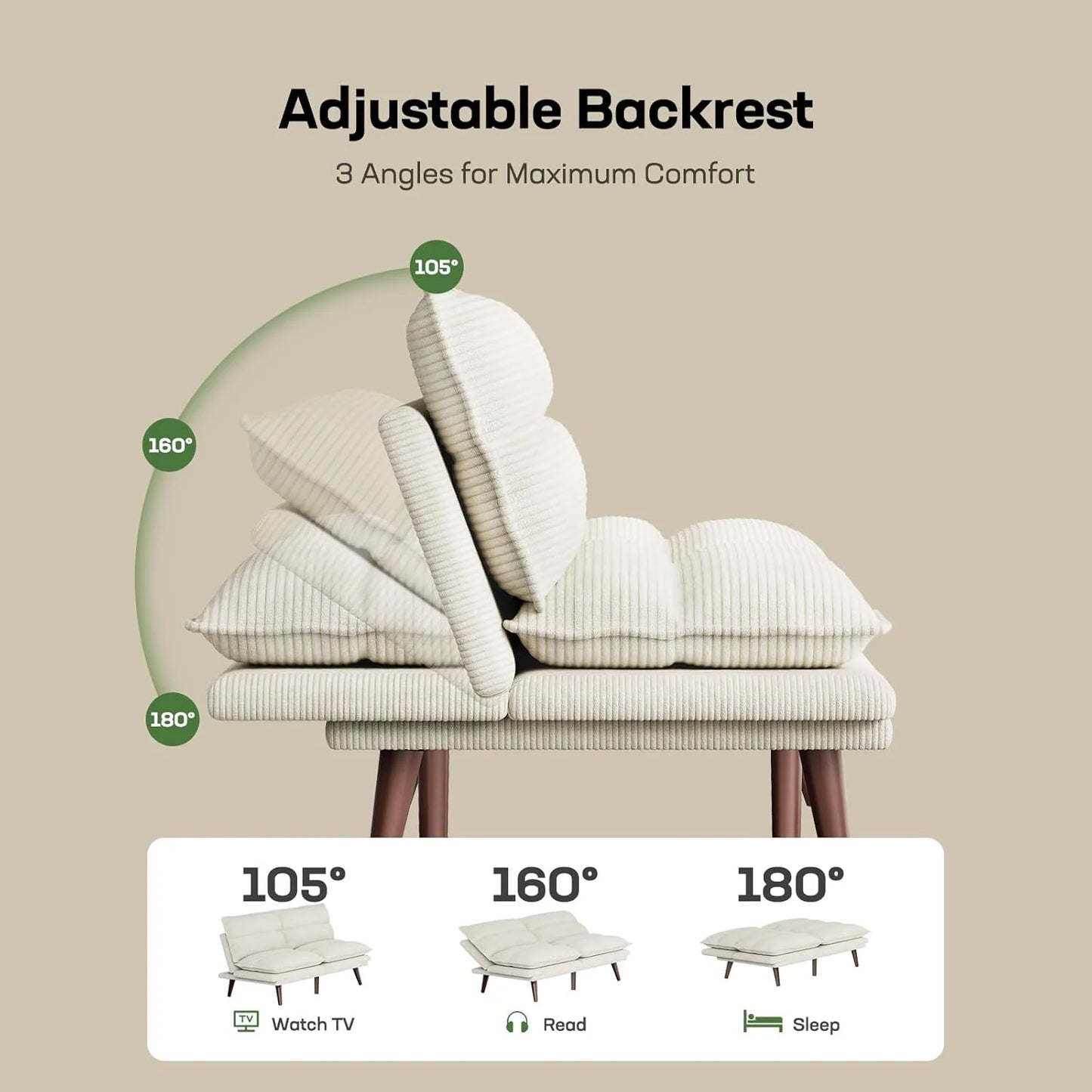 Futon Sofa Bed, Futon Sofa with Adjustable Back and Armrests, Converts to Small Sleeper Sofa Bed Corduroy Loveseat Green