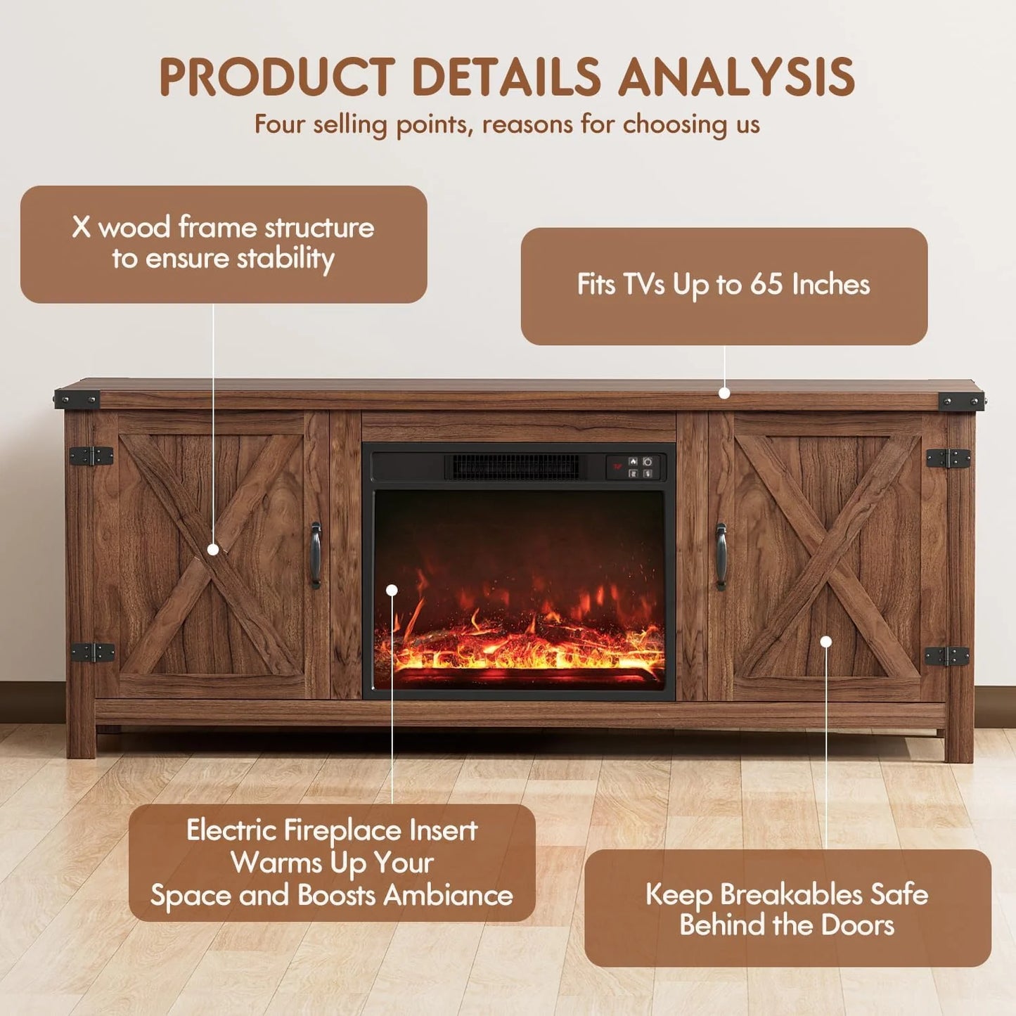 YESHOMY Fireplace TV Stand with Two Barn Doors and Storage Cabinets for Televisions up to 65+ Inch, Entertainment Center Console Table, Media Furniture for Living Room, 58 Inch