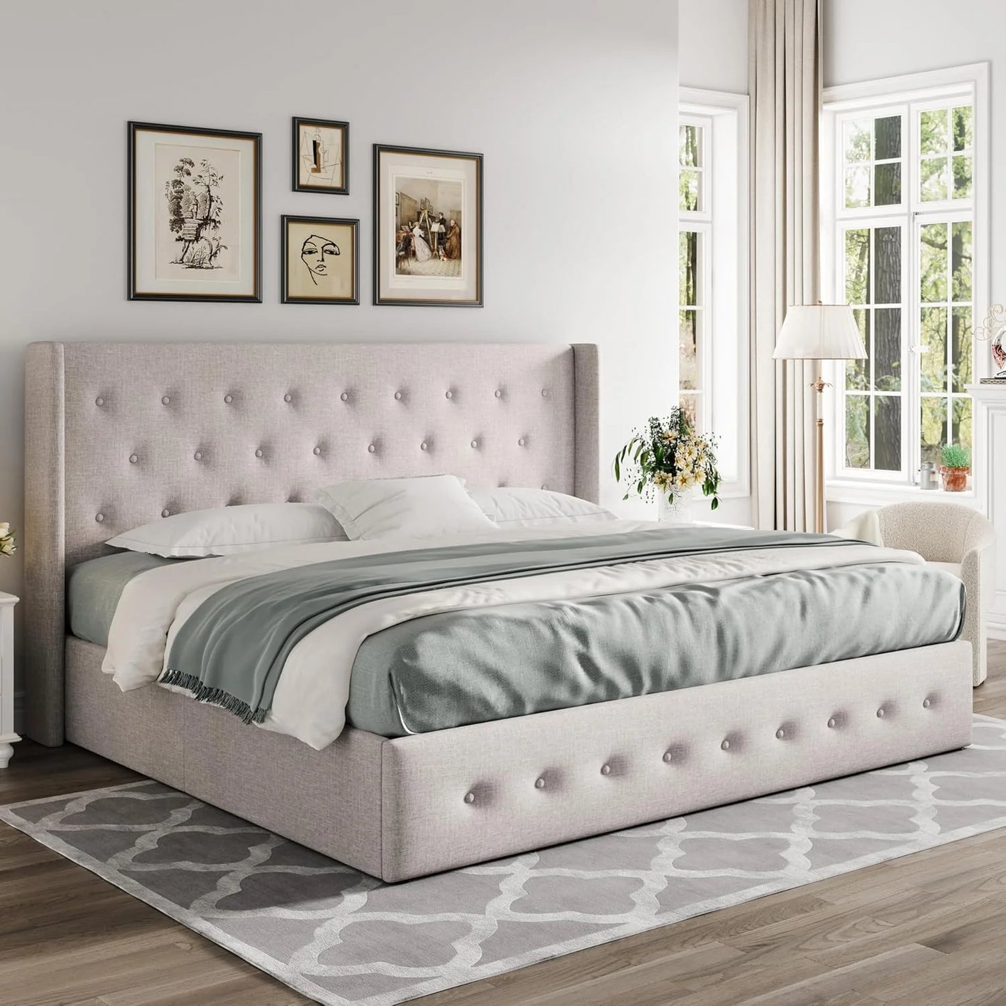 Allewie Queen Size Lift Up Storage Bed, Modern Wingback Headboard, Hydraulic Support, No Box Spring Needed, Light Beige