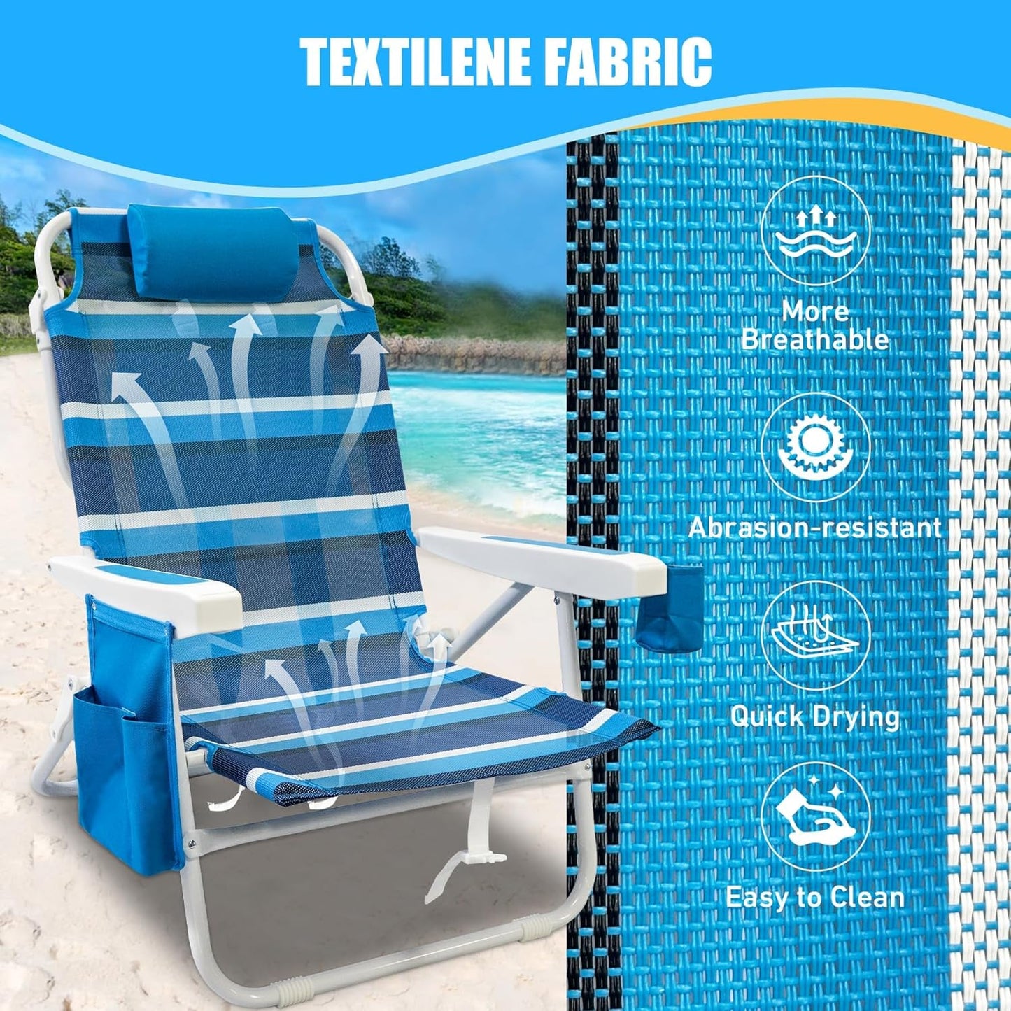 Beach Chair 2 Pack 5 Positions Textilene Folding Reclining Beach Chair with Backpack Straps Cooler Bag & Cup Holder for Outdoor Lawn Camping