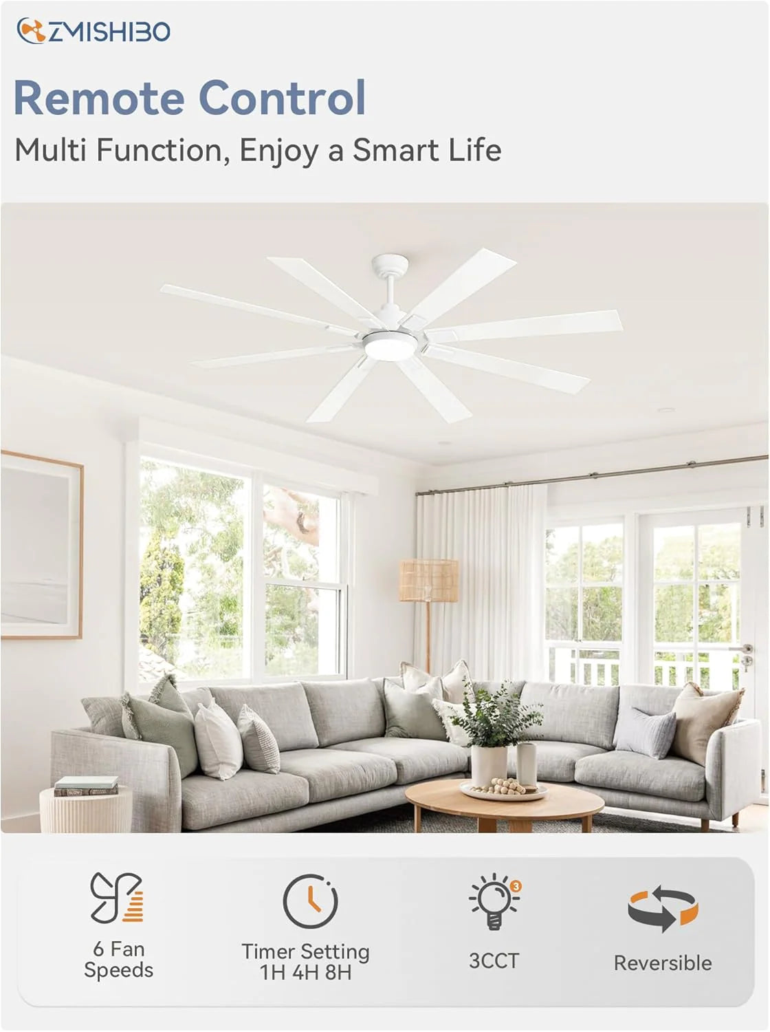 Zmishibo 72-inch large ceiling fan with lighting and remote indoor/outdoor