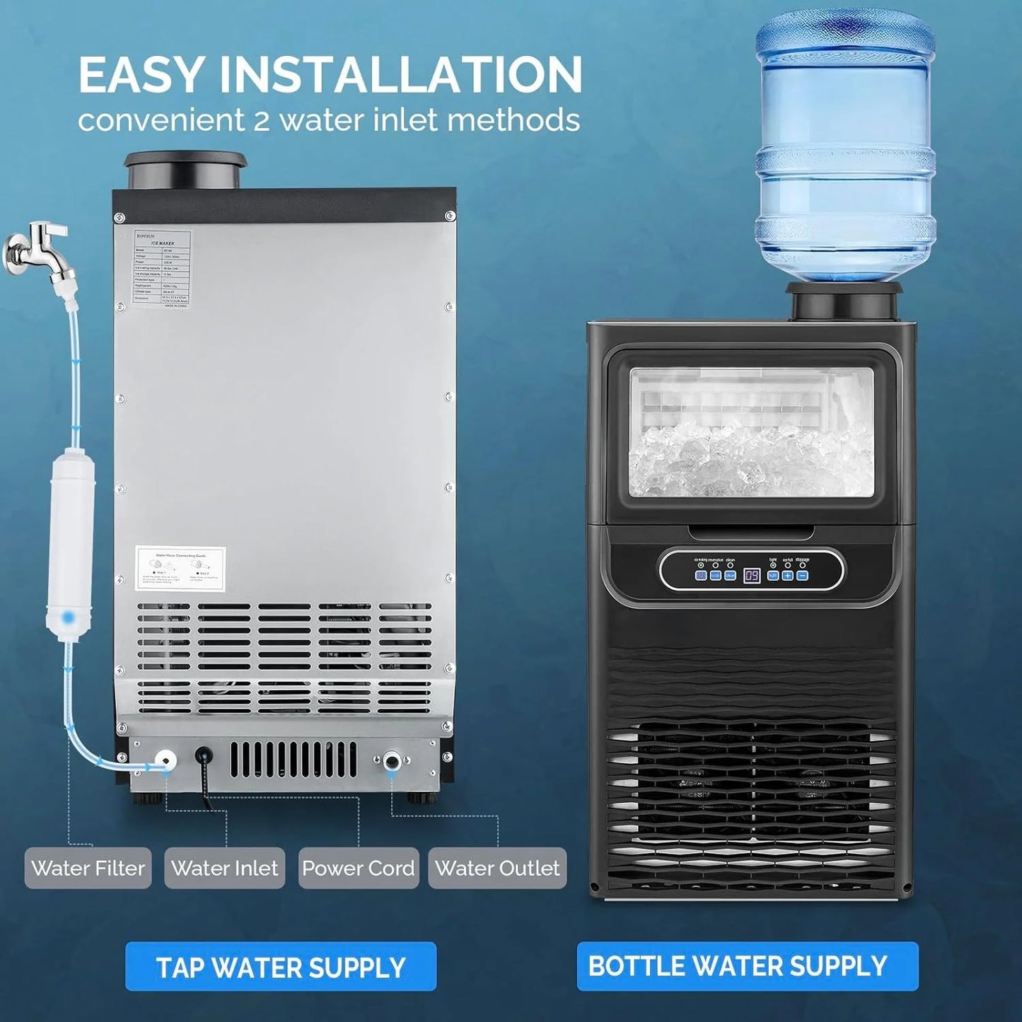 VINGLI Commercial Ice Maker Machine,90lbs/24H Plastic Under Counter Ice Maker with 11lbs Storage,Dual Water Supply Options,Self-Cleaning,Timing Function,for Home Bar Cafe Restaurant Kitchen