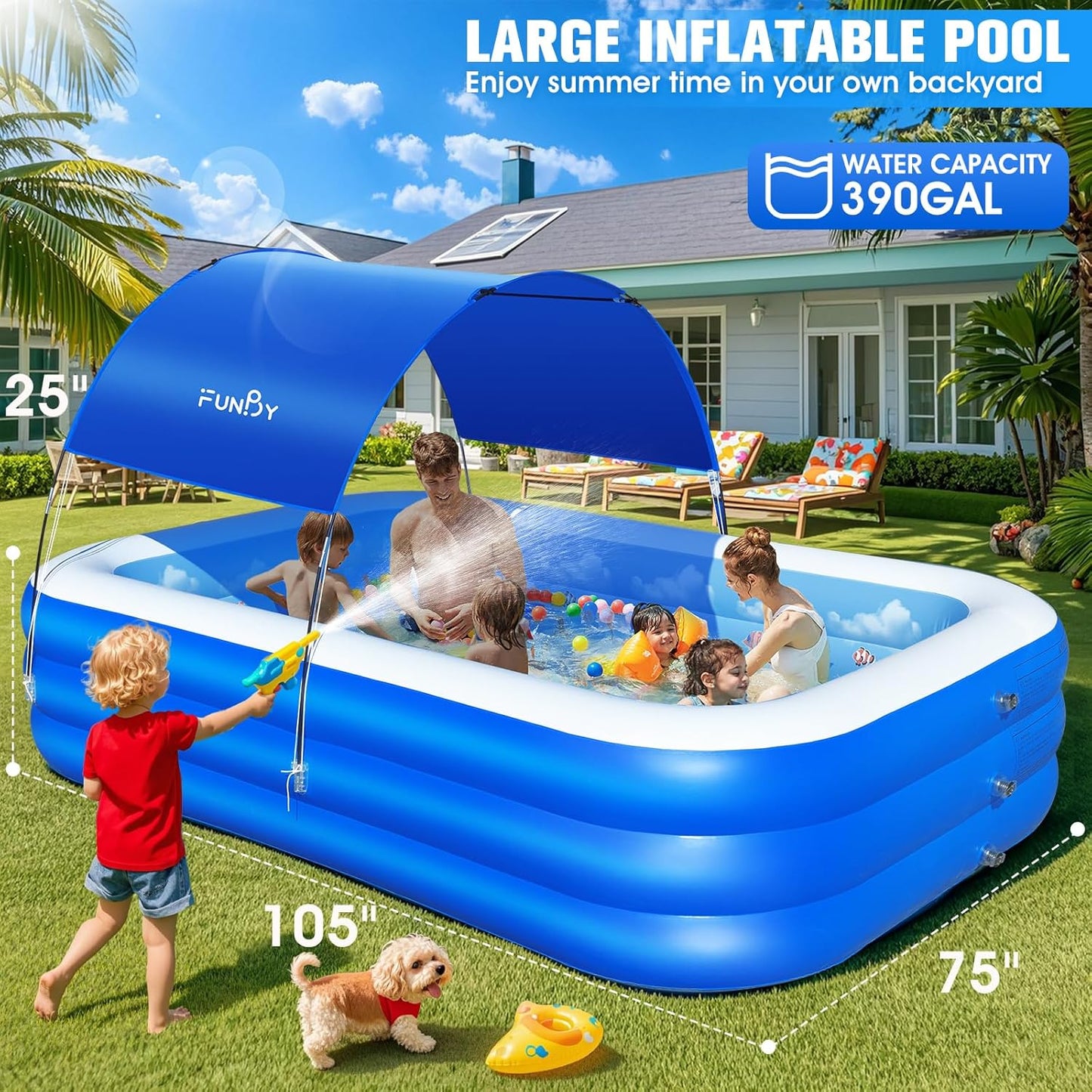 Inflatable Pool with Canopy,Upgraded Inflatable Swimming Pool for Kids,Adult,Large Inflatable Blow up Pools,Ocean Theme Oversized Thickened 105"x75"x25"Inflatable Family Pools for Backyard-Blue