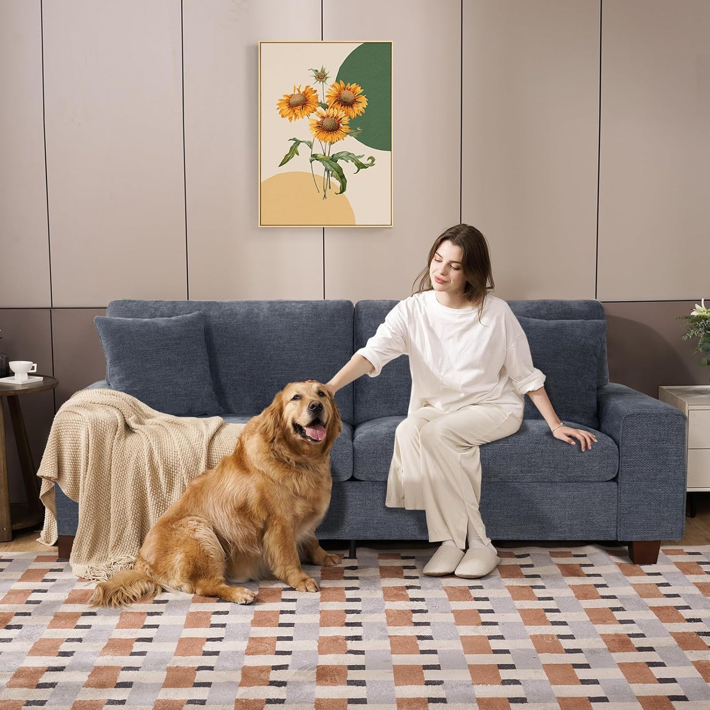 DOPEDIO living room double sofa, chenille lounge chair, removable, solid wood frame