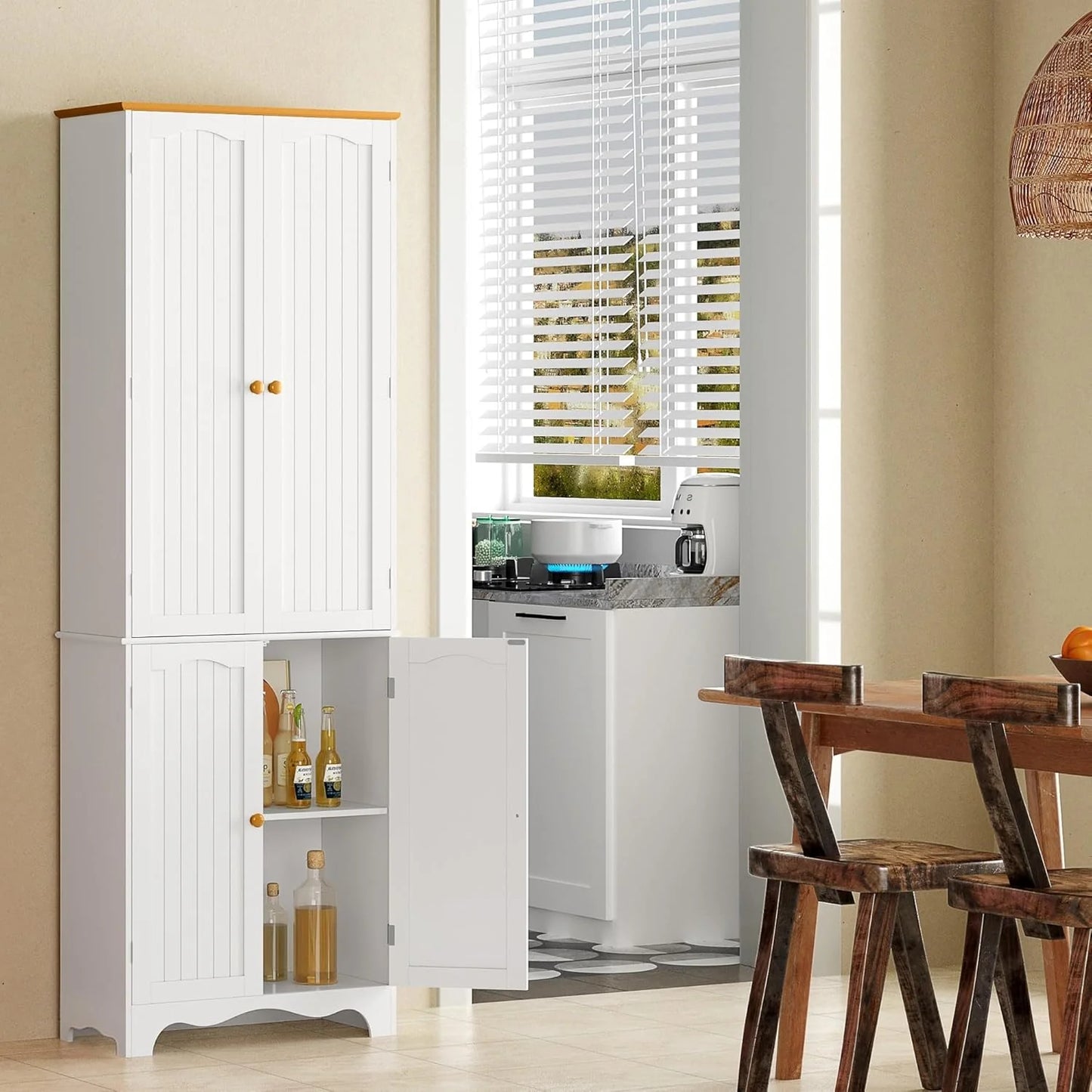 Tall Pantry Cabinet, Freestanding Storage Cabinet, Wooden Kitchen Pantry with 4 Doors and 5 Shelves, 72" Floor Cabinet Organizer