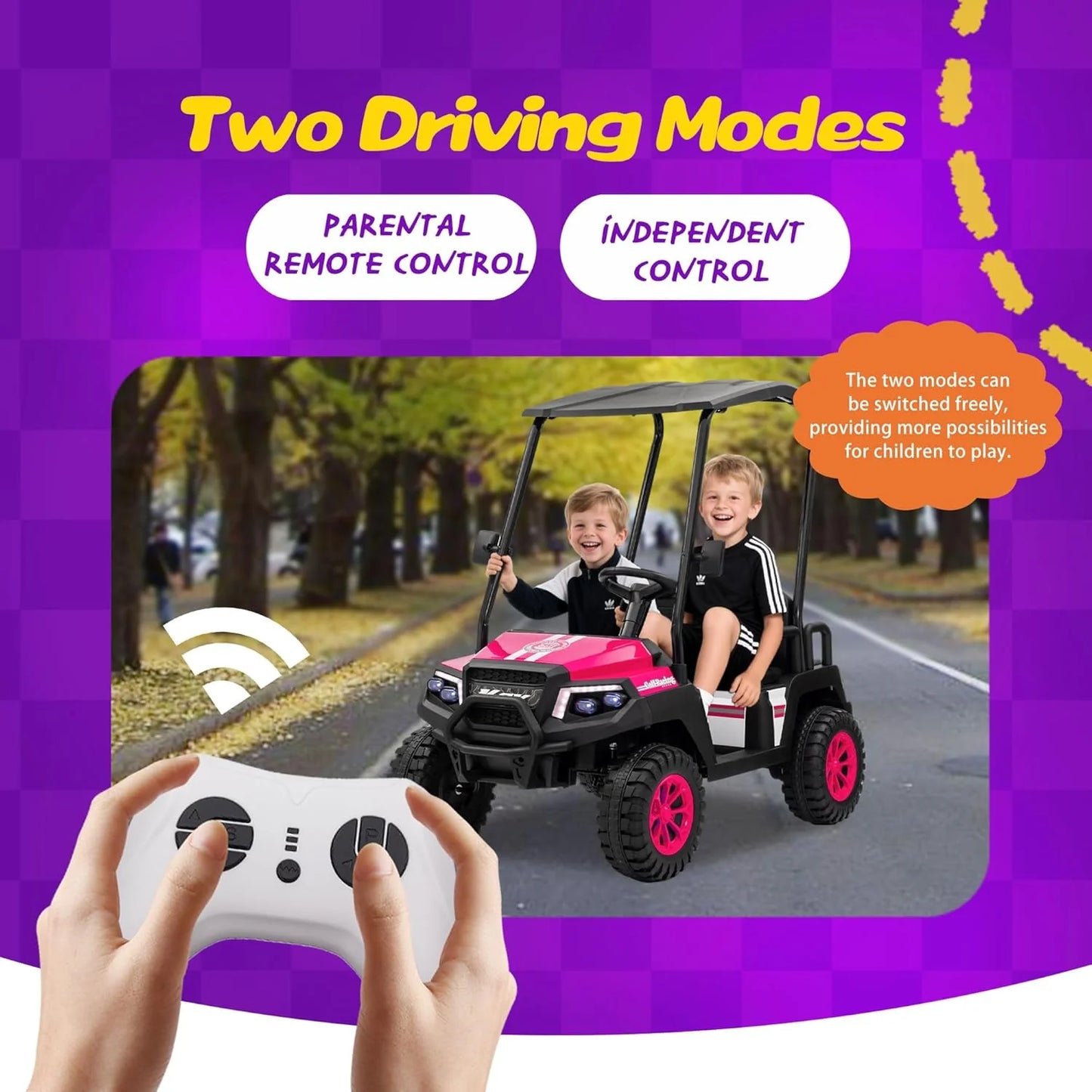 24V 7AH Children's Golf Cart with Remote Control, Removable Awning, 4-Wheel Spring Suspension
