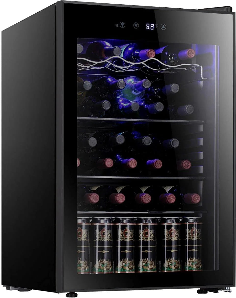 Antarctic Star 26 Bottle 130 Can Wine Cooler/Cabinet Beverage Refrigerator Mini Wine Cellar Beer Soda Clear Glass Door Bar Fridge Quiet Compressor Adjust Temp Freestanding Indoor Use 3.2cu.ft Black