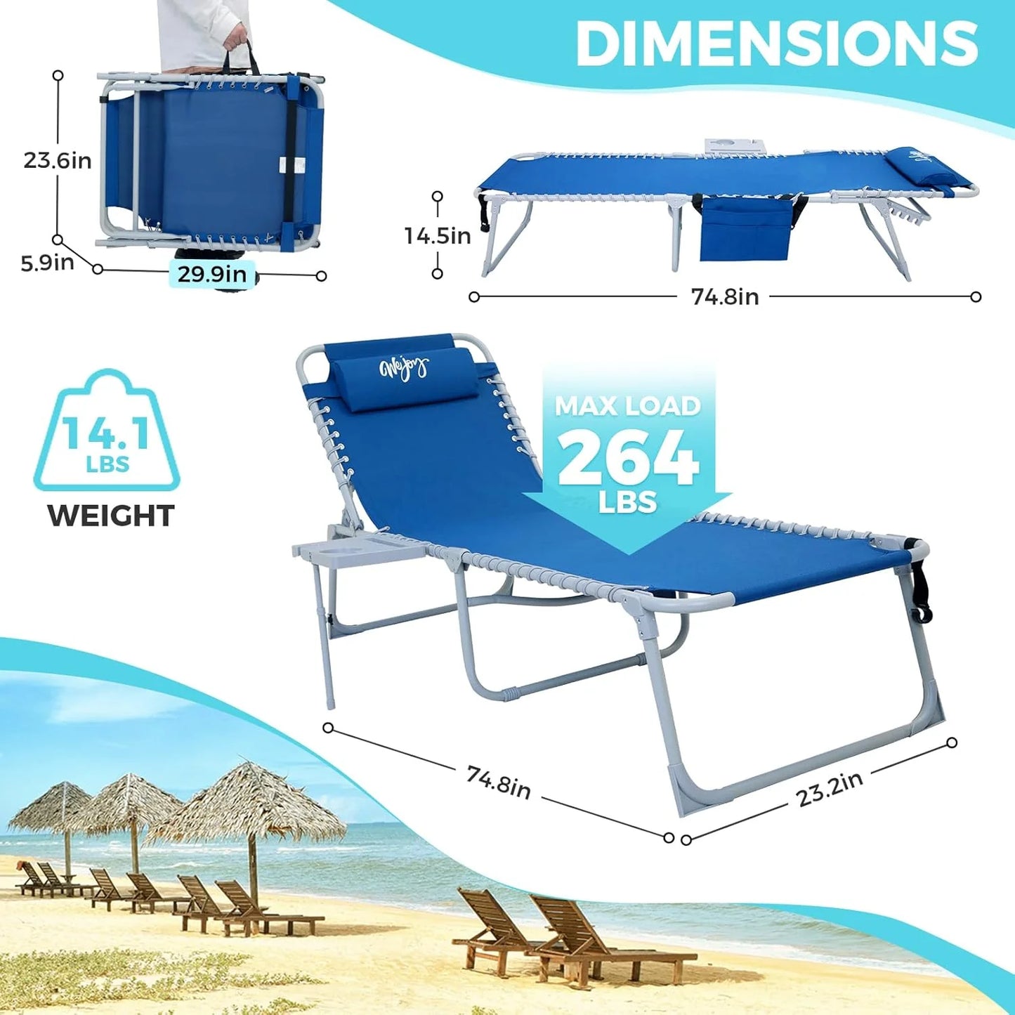 2 Pack Outdoor Chaise Lounge Chair - Portable Folding Patio Pool Lounge Chair, 5 Positions Adjustable Reclining Camping Chair with Side Table,Shoulder Strap, Pillow for Beach Sunbathing Lawn