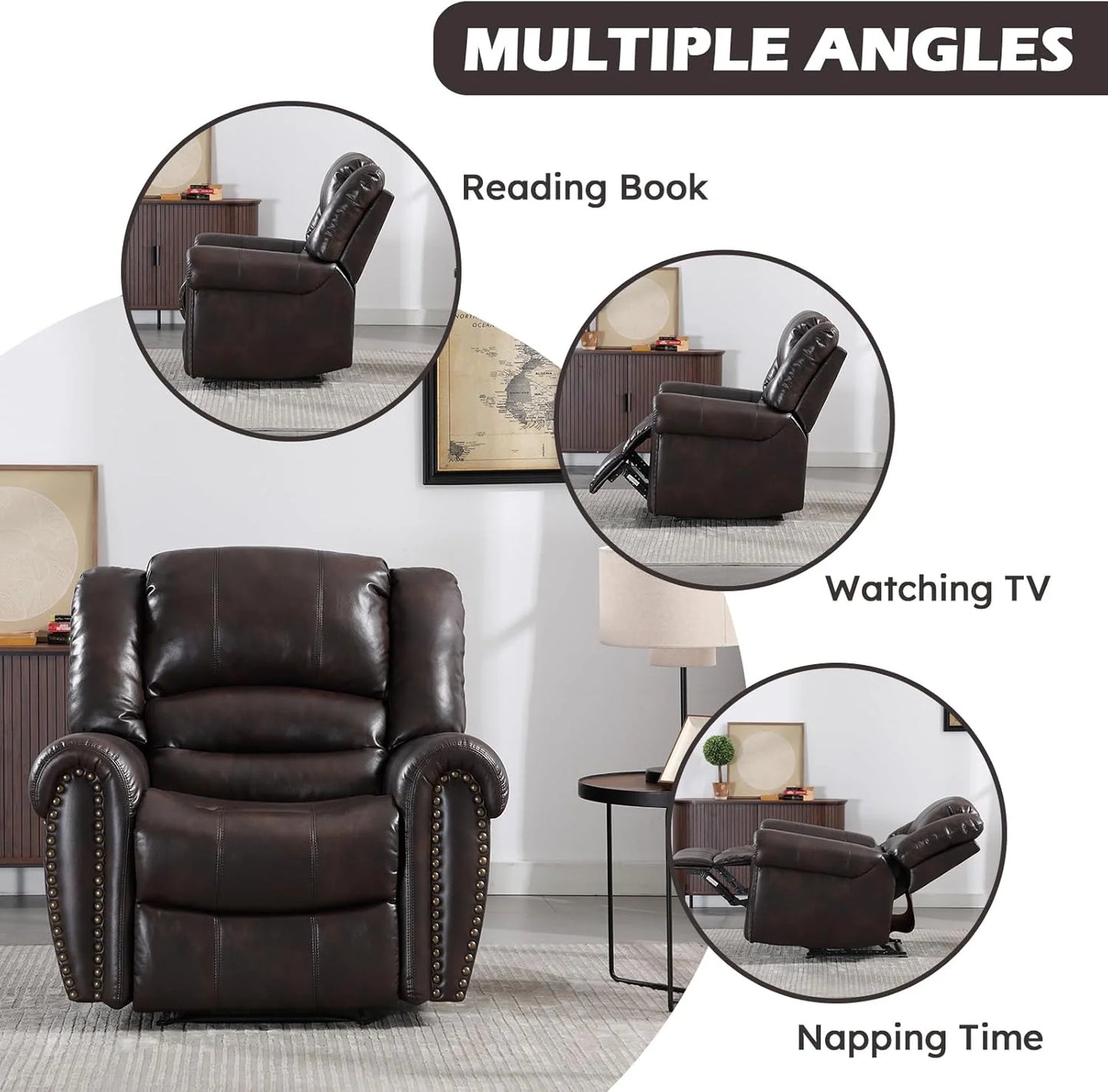 Leather recliner, classic traditional manual recliner, single sofa for living room