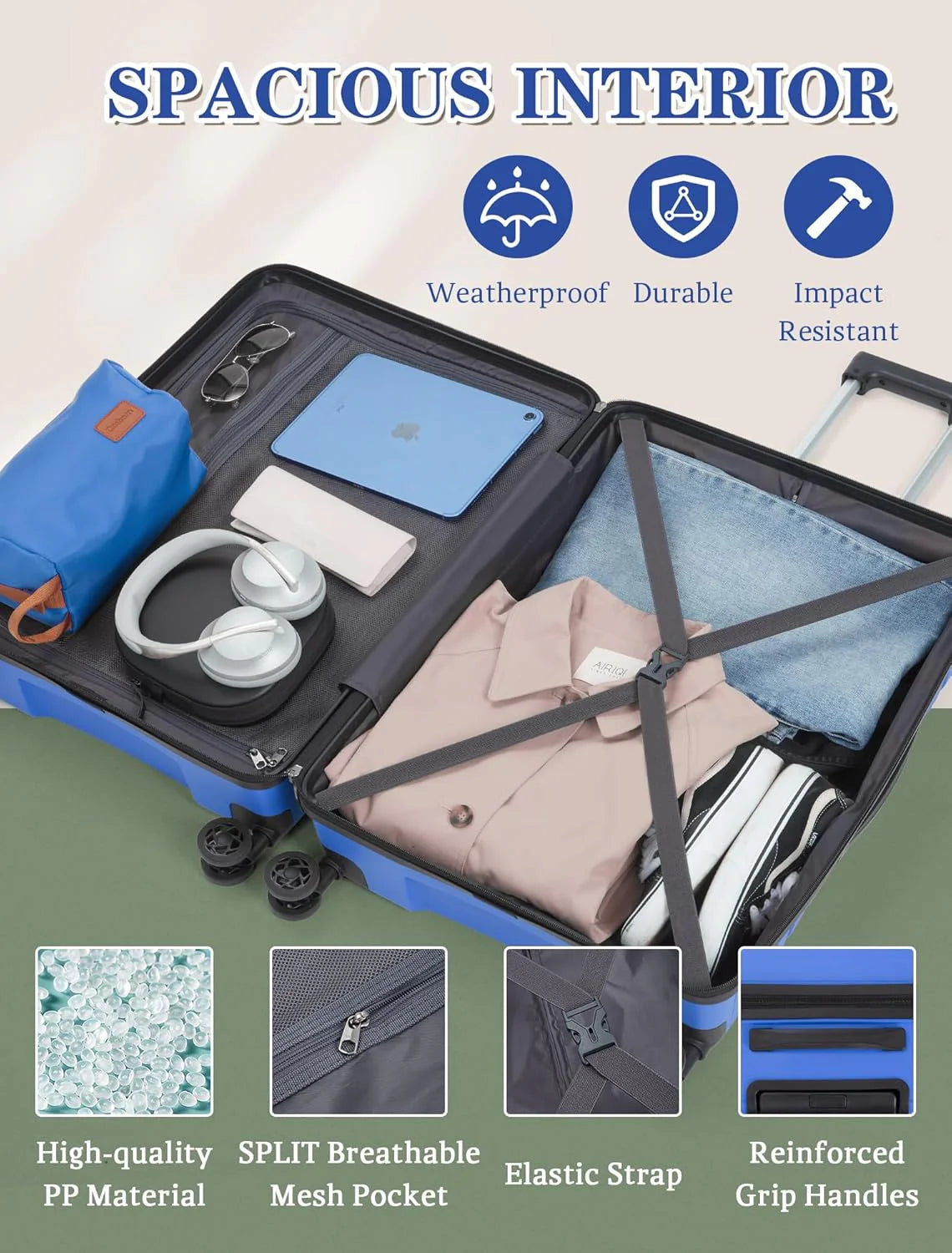 5-piece luggage set with wheels, ABS hardshell suitcase with spinner wheels