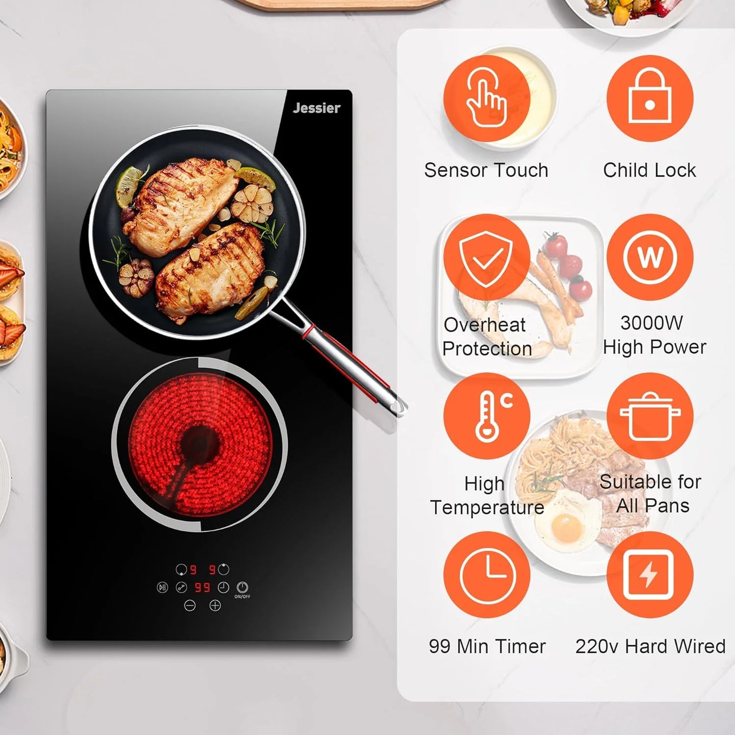 Electric Cooktop 30 Inch - 5 Burners Built-in Ceramic Cooktop, 30" Electric Stove Top with Glass Protection Metal Frame, 9 Heating Level, 8400W, 220-240V for Hard Wire(No Plug)