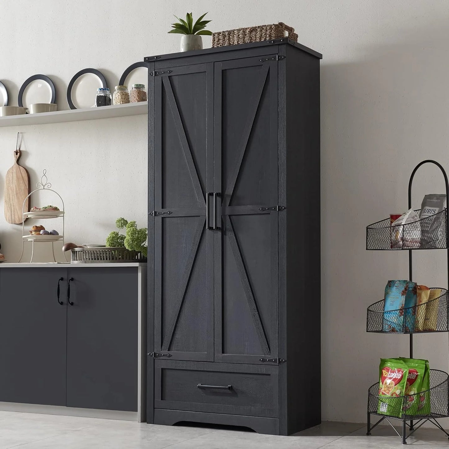 JXQTLINGMU Farmhouse Kitchen Pantry - 72" Tall Wood Kitchen Storage Cabinet with Adjustable Shelves and 2 Barn-Style Doors and Drawers
