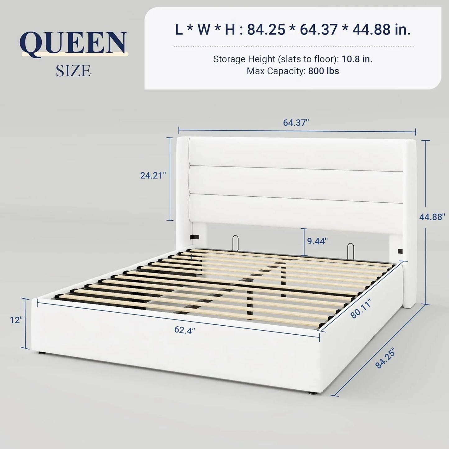 Allewie Queen Size Lift Up Storage Bed, Modern Wingback Headboard, Hydraulic Support, No Box Spring Needed, Light Beige