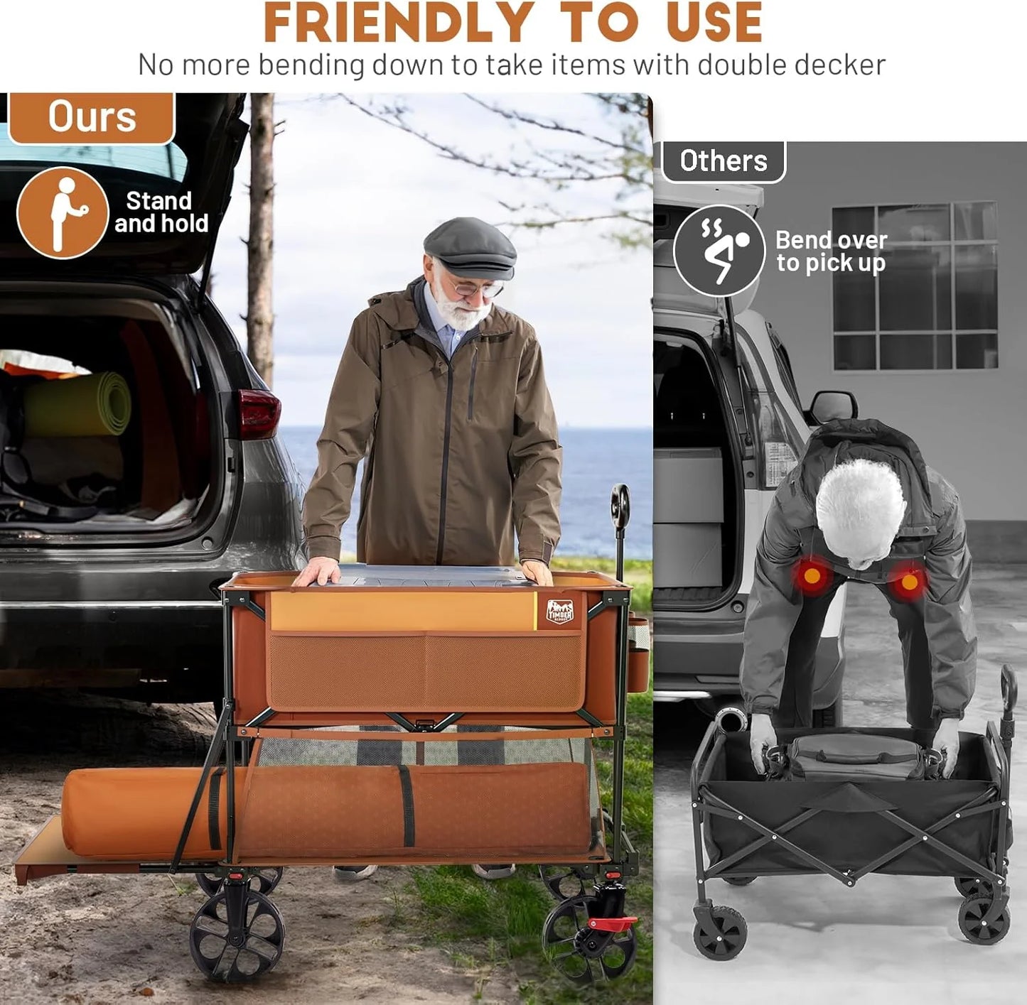 400L Large Capacity Folding Double Decker Cart with Brakes, 54 Inch Extra Long Extended Cart, 450 Pounds Heavy Duty Folding Cart