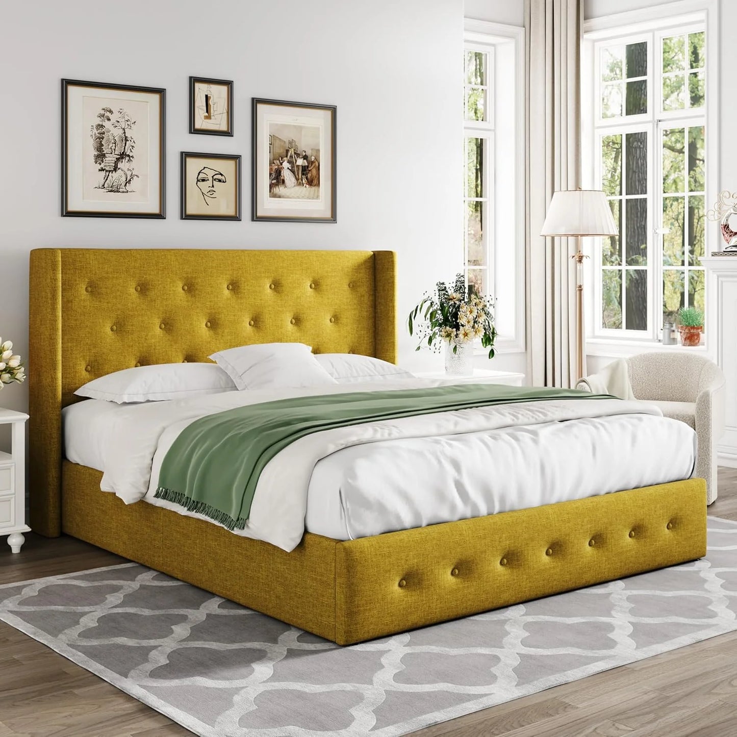 Allewie Queen Size Lift Up Storage Bed, Modern Wingback Headboard, Hydraulic Support, No Box Spring Needed, Light Beige