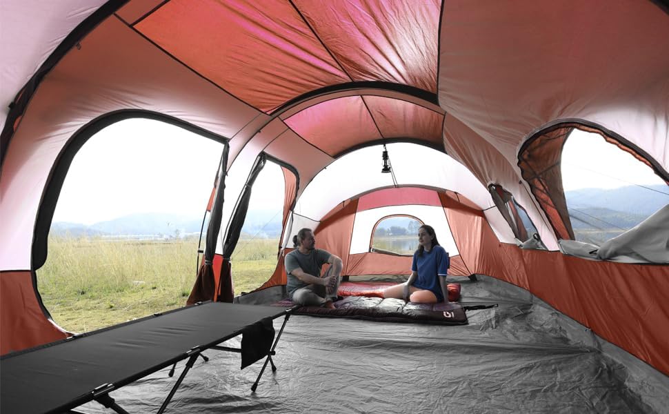 CAMPROS CP Tent 12-Person-Camping-Tents,3 Room Family Tents,Waterproof Windproof Family Tent with Top Rainfly,6 Large Mesh Windows,Double Layer,Easy Set Up, Portable with Carry Bag-20' x 9' x 72"(H)