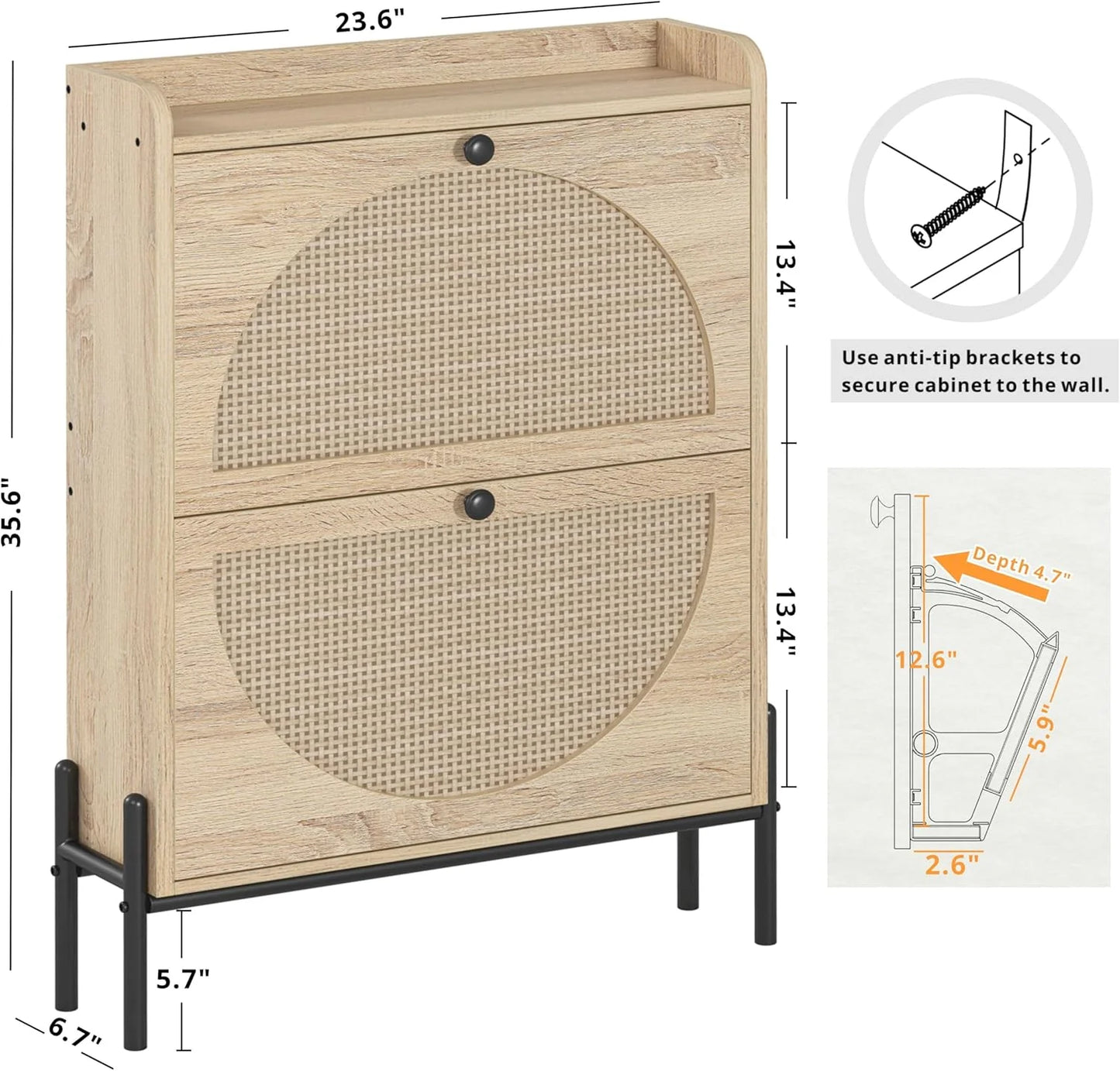 IRONCK Shoe Cabinet Storage with 2 Flip Drawers, Free Standing Wooden Shoe Storage Organizer Cabinet with Rattan Doors for Entryway, Narrow Shoe Rack Cabinet, Oak