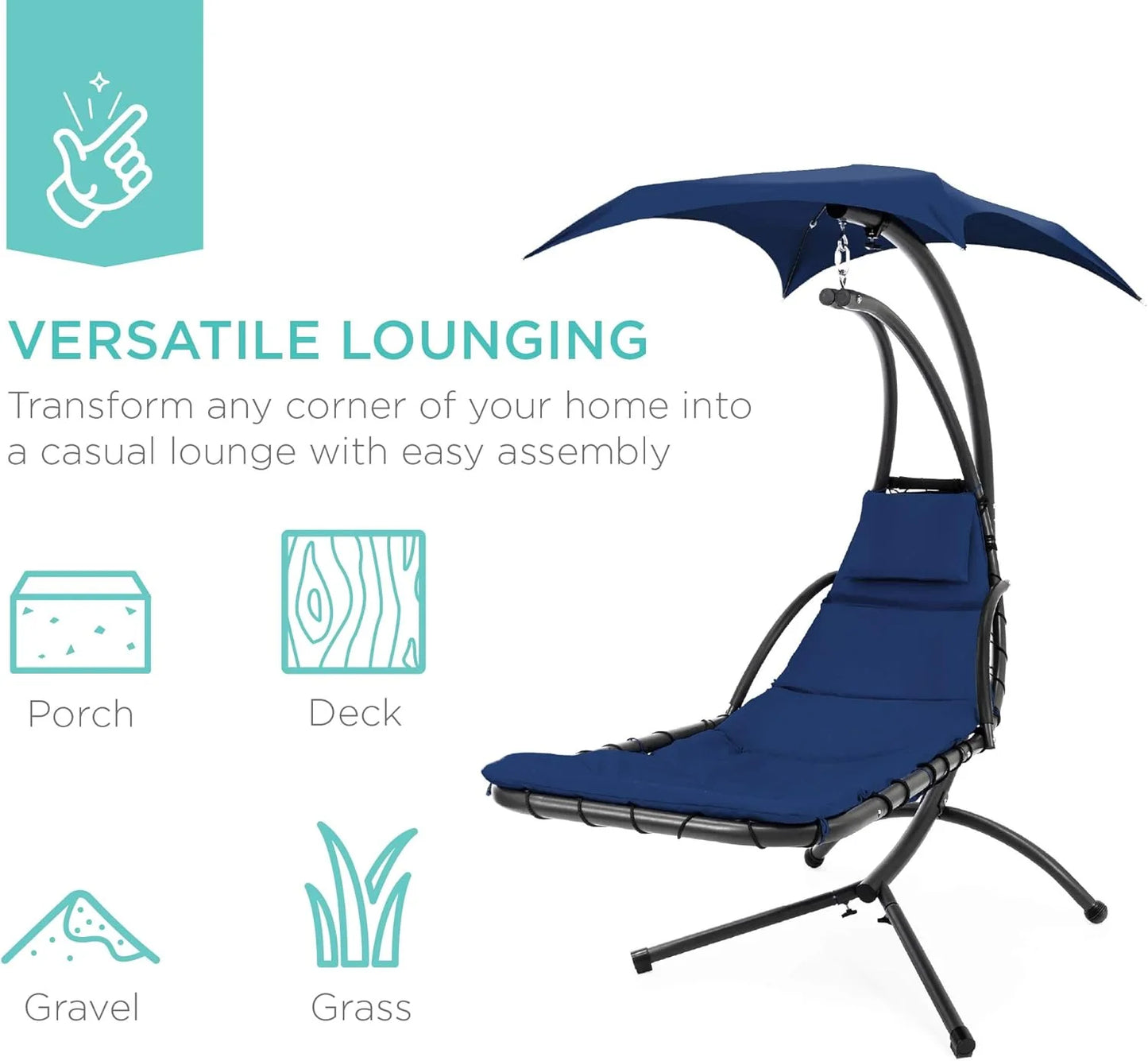 Best Choice Products Outdoor Hanging Curved Steel Chaise Lounge Chair Swing w/Built-in Pillow and Removable Canopy - Teal