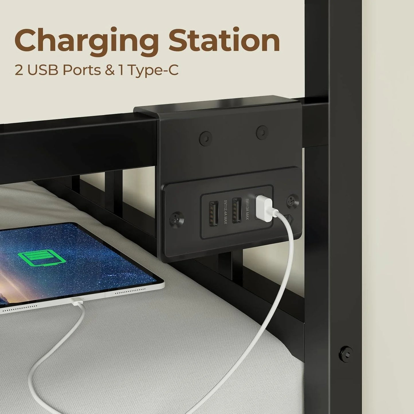 Rolanstar Daybed with Charging Station and LED Lights, Height Adjustable Twin Daybed with Trundle, Metal Sofa Bed Frame with Steel Slat Support