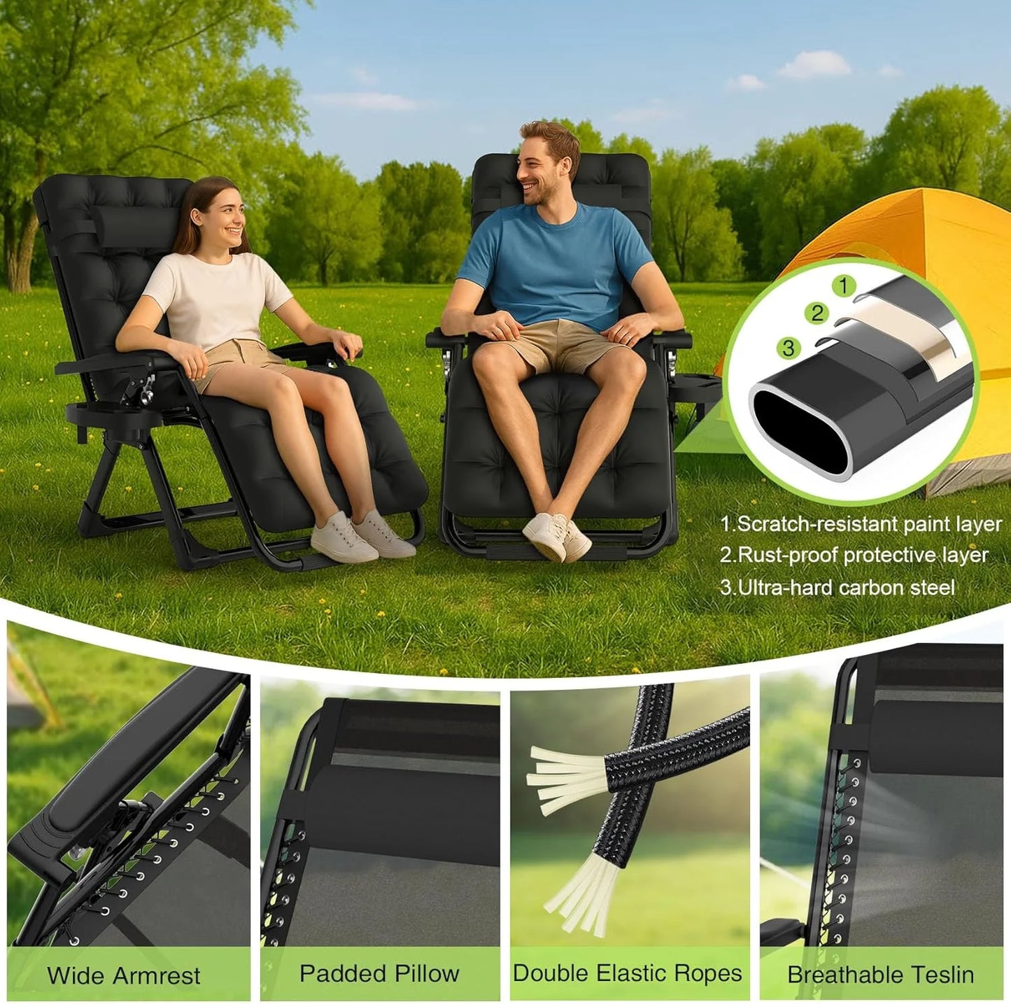Indoor and outdoor patio chair folding lounge chair zero gravity chair with removable cushion camping lounge chair