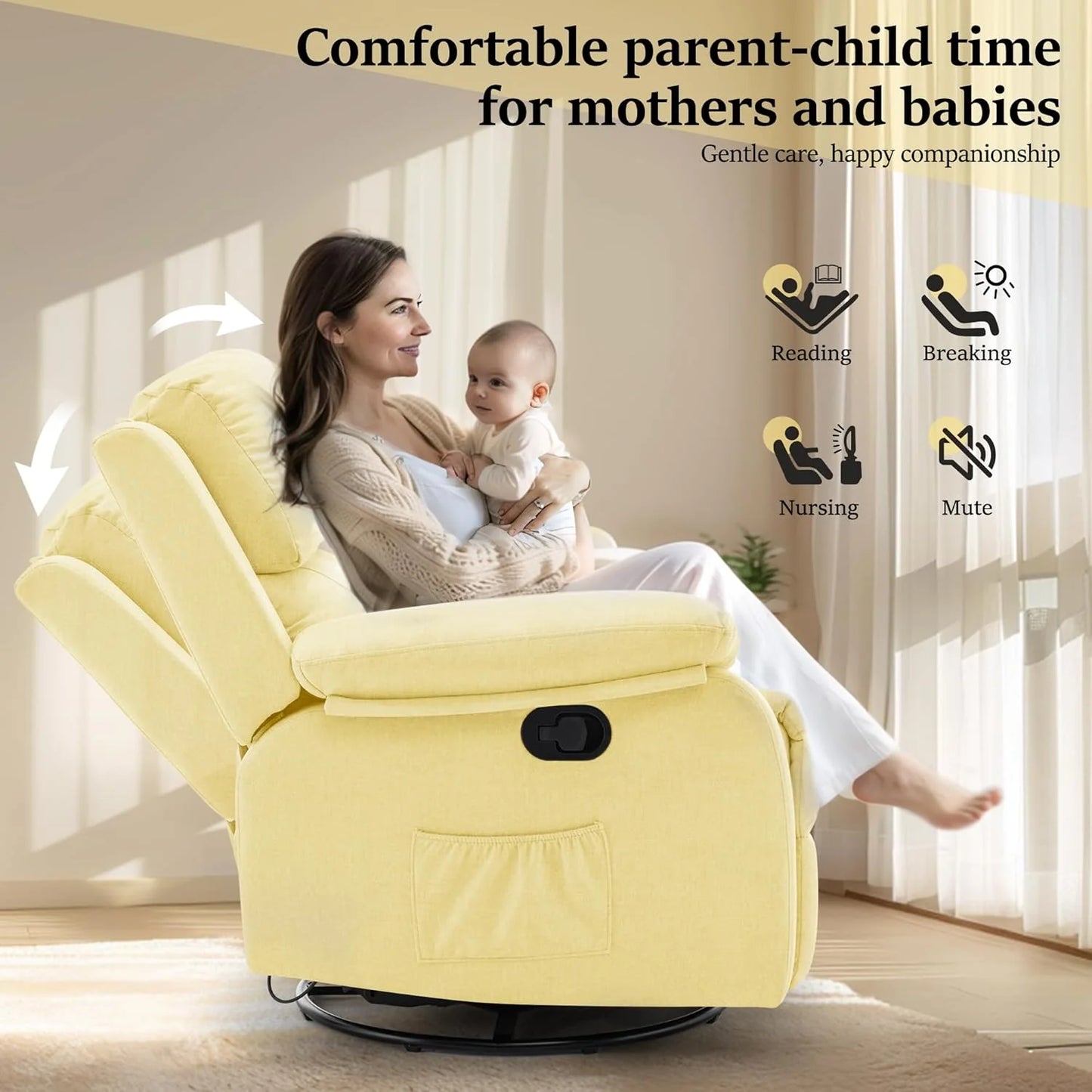 Reclining rocking chair 360 degree rotating fabric sliding reclining chair