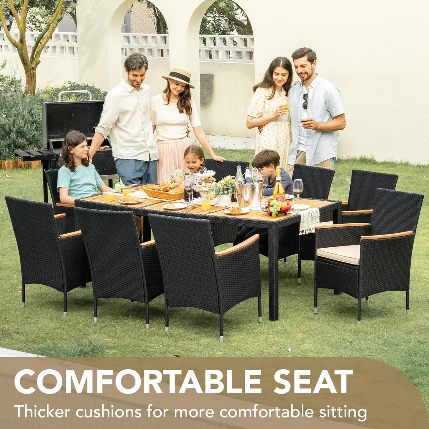 Devoko Dining 7 PCS Furniture, Patio Conversation Set with Acacia Wood Table Top, Rattan Outdoor, Black